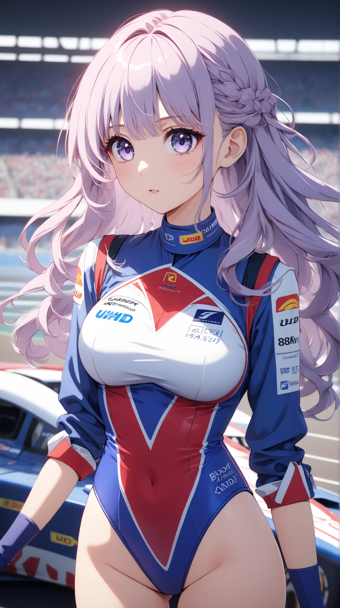 (anime artwork, anime style, studio anime, very detailed, up to date, vibrant, Anime Coloring, high contrast, masterpiece:1.2, best quality, best aesthetics),3 girl, Medium chest,random hair, One eye is hidden by the bangs, perfect proportions, high detail skin, Cute, detailed faces,racetrack,automobile races, precise fingers,curvy,paddock girl, from behind,full body, mini body con,f1,Formula One,