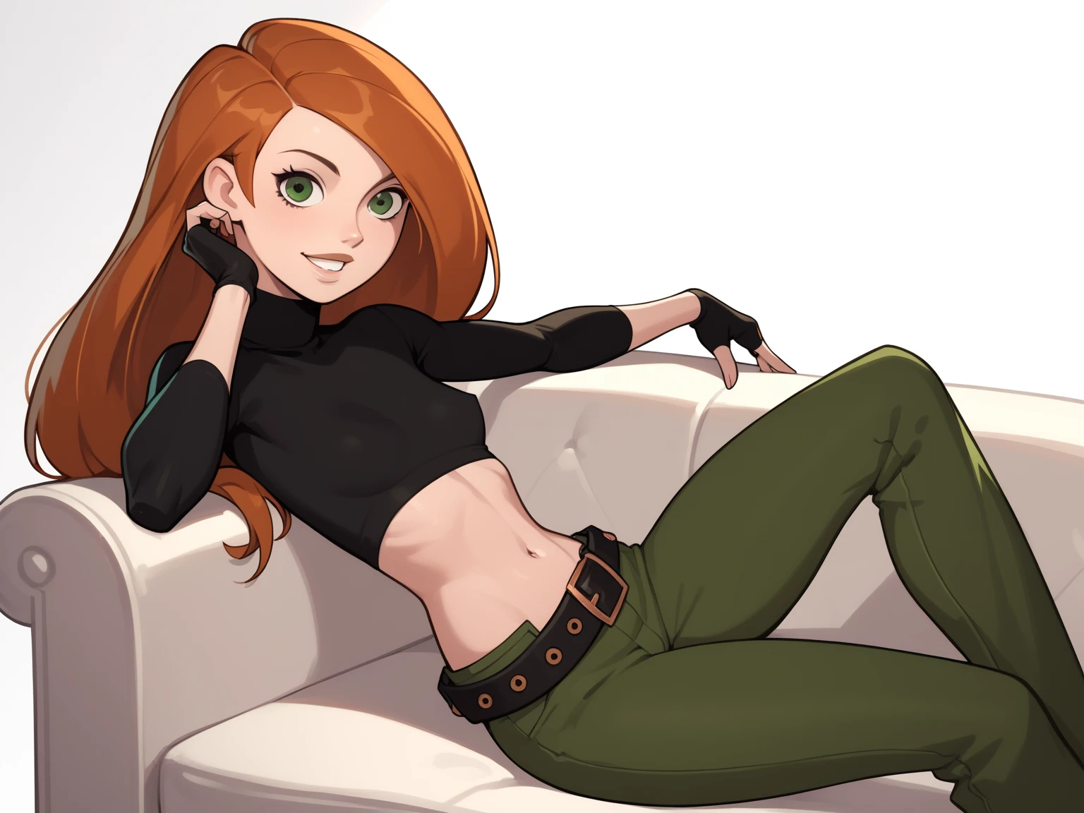 masterpiece, ultra quality, kim_possible, very small breasts, solo, orange hair, long hair, belly button, green eyes, smile, black fingerless gloves, belt, green pants, black turtleneck, long sleeves, sitting on white couch, looking at viewer, white background