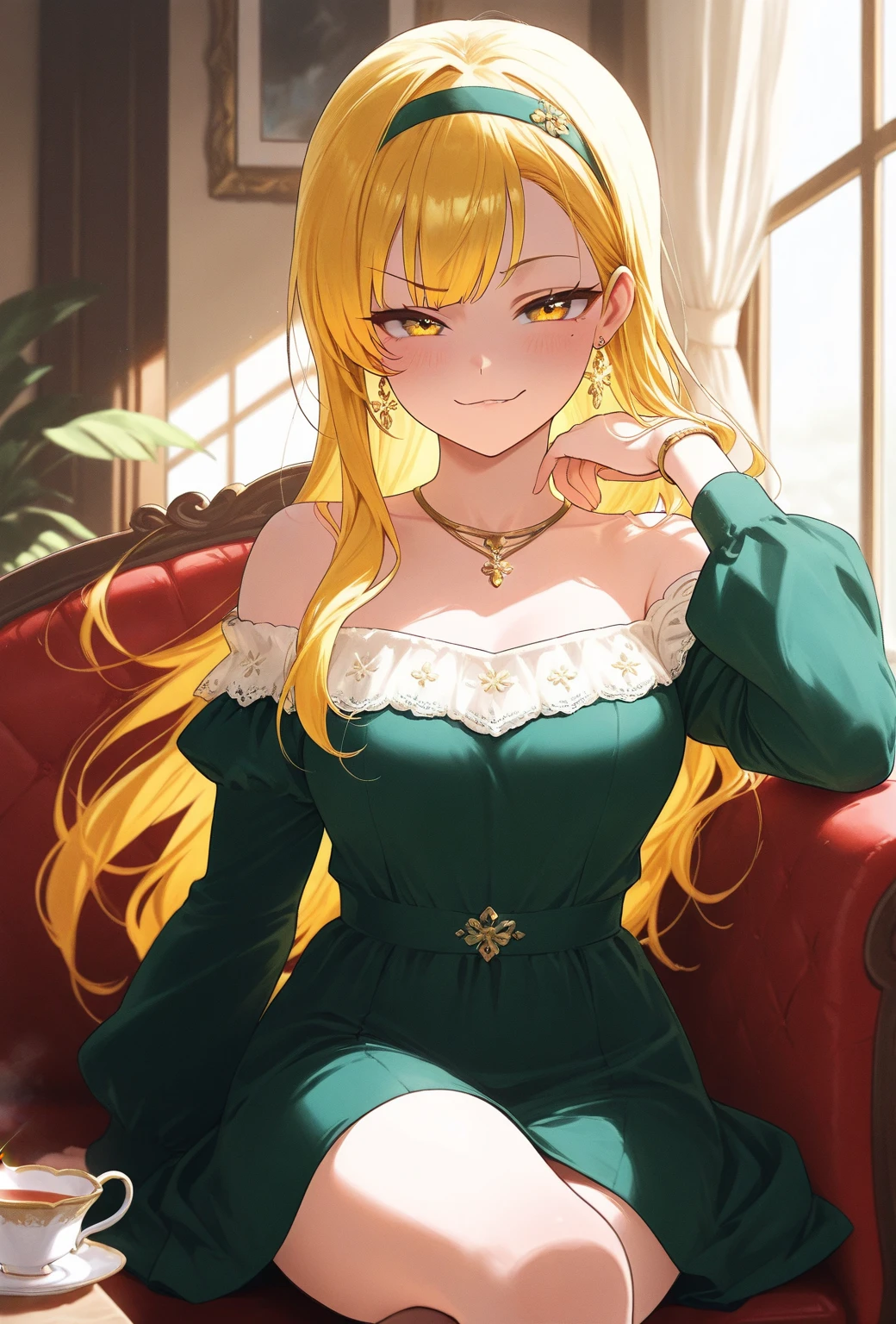 (highest quality:1.4, High resolution:1.4),1girl,15 years_old,cute,twin tails,bangs,blonde hair ornament,natural makeup,Green gown,Clavicle protrusion,cleavage,Evening Party Venue,Chatting,gold necklace,smile,medium breasts,Sitting at a table and having a conversation,upper_body,looking_at_viewer,