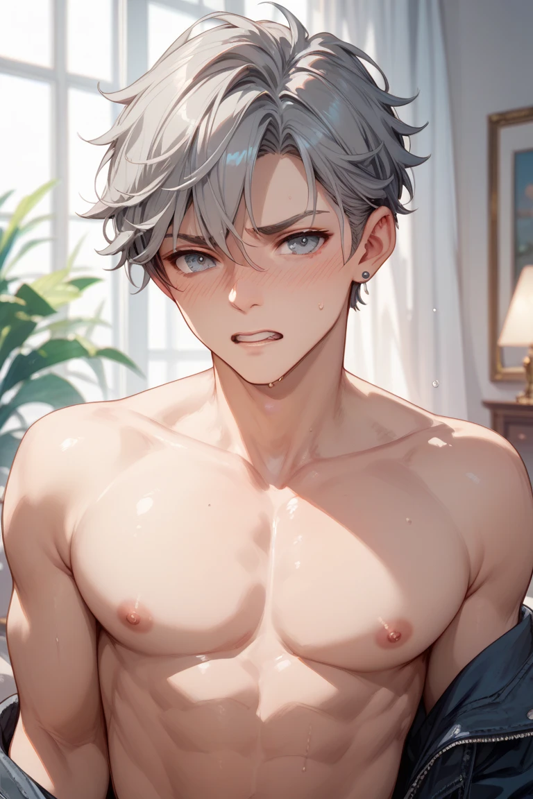 Absurdres masterpiece HDR high quality picture of Handsome boy , handsome face, detailed face, grey hair , very Short hair, ((messy cut hair style:1 )) , green eyes , light skin , ((muscular:1)),masculine ,age 18 , 

Wearing a school uniform, topless , lying in bed, beautiful background, masterpiece scenery