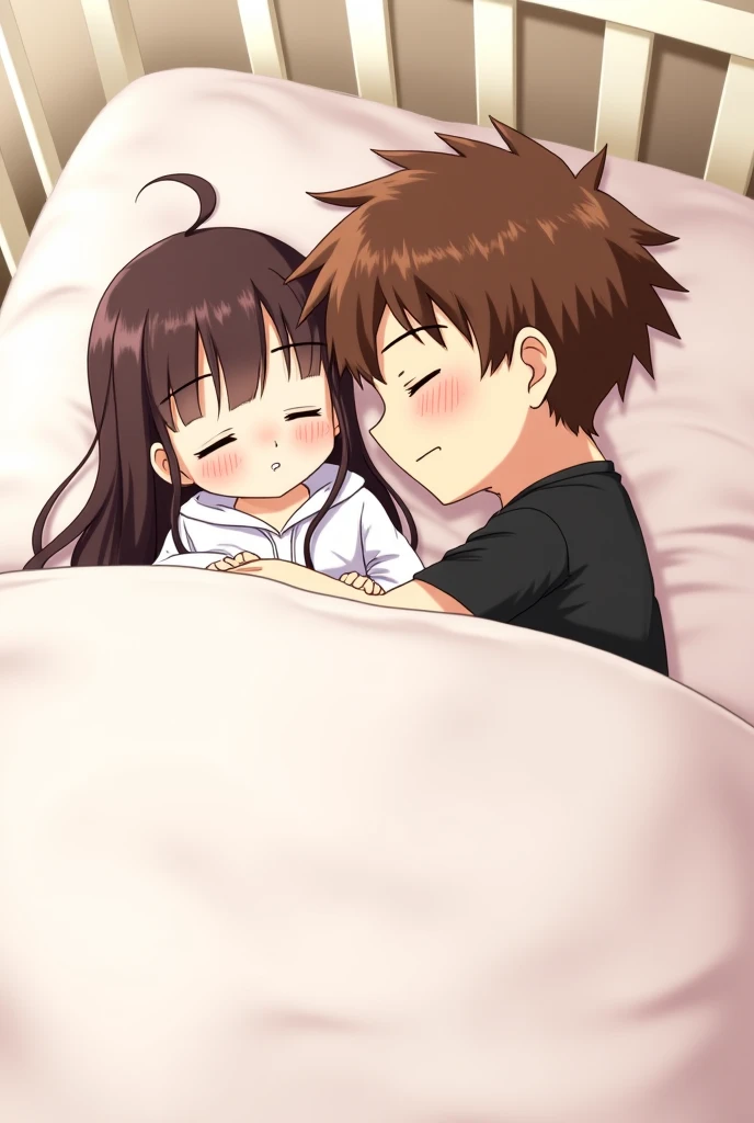 cute anime girl, Pink hair with black bow and closed eyes, sleeping next to a cute anime boy, large bedroom 