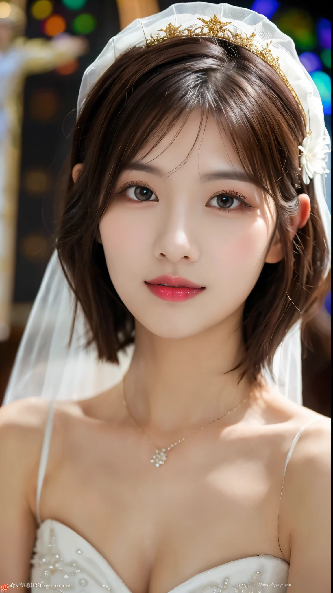 8k, Ultra-high resolution, Highest quality, masterpiece, 三分割法によるphotograph,Surreal, photograph, 1 Girl, (16 years old:1.3), pretty girl, Cute Face, Beautiful eyes in every detail, 細かくdetailedに,masterpiece,One Girl:1.2,Japan Female Teachers,extream close up,sad,light smile,Black short hair,Bob with bangs,(印象派の美しい少女のPortraiture),(Impressionist light and colour), (Gray background:1.3),(White Wedding Dress:1.3),(Fairy, bride, Shiny Hair, Beautiful dark eyes, So cute and beautiful,16 years old, ), (smile:0.8),Sharp contours,Looking down, (Wedding Veil,White lace), Light from above, (Side view),, Perfect and beautiful face ,完璧でCute Face, Skin with attention to detail, Perfect limbs、Narrow waist,Looking at the audience,(((Ideal body type))),A cup small breasts :2,Portraiture:2,Perfect Anatomy,鮮明なdetailed,detailed,Surreal,Light and shadow,glowing