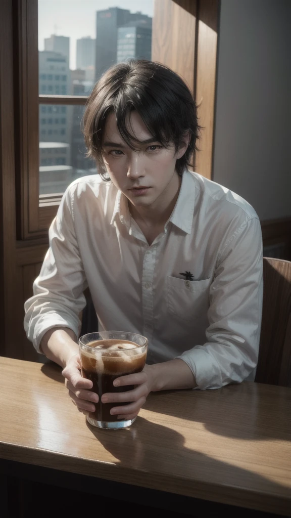 (front view:1.4), 1man 40 year old, solo, korean style, brown(spike hair), blurry_background, red neon light, holding cup of coffee