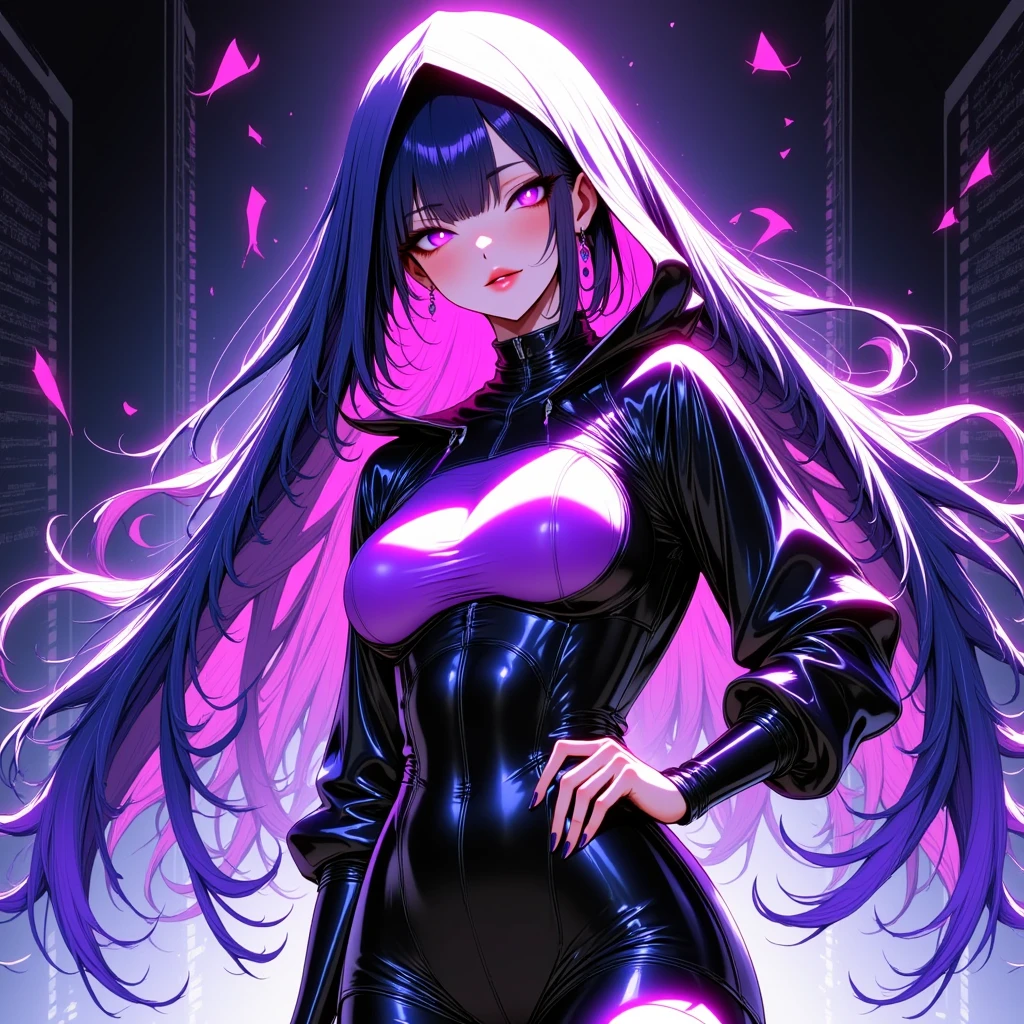 Ultra detailed young evil girl. Evil smile on her face. Villainess. Long dark floating hair. Beautiful makeup on her face. Beautiful eyelashes. Lipstick on her lips. Bright purple eyes. Crazy looking villain. Very colorful, lots of colors. Night background, with cars with bright headlights on behind, illuminating the dark streets.