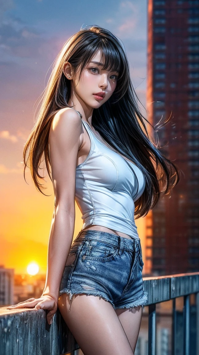 ((Midnight, best, Masterpiece: 1.3)), all body, Long legs, Focal length: 1.2, Perfect Body Beauty: 1.4, Slim abs: 1.1, ((Dark brown hair.), Big: 1.2 )), (White skinny T-shirt.), Denim suspenders, Standing: 1.2), ((Night view of the city.), Roof: 1.3)), Highly detailed facial and skin texture, detailed eye, Double eyelids moaning, Bloom!, 8k --auto --s2
