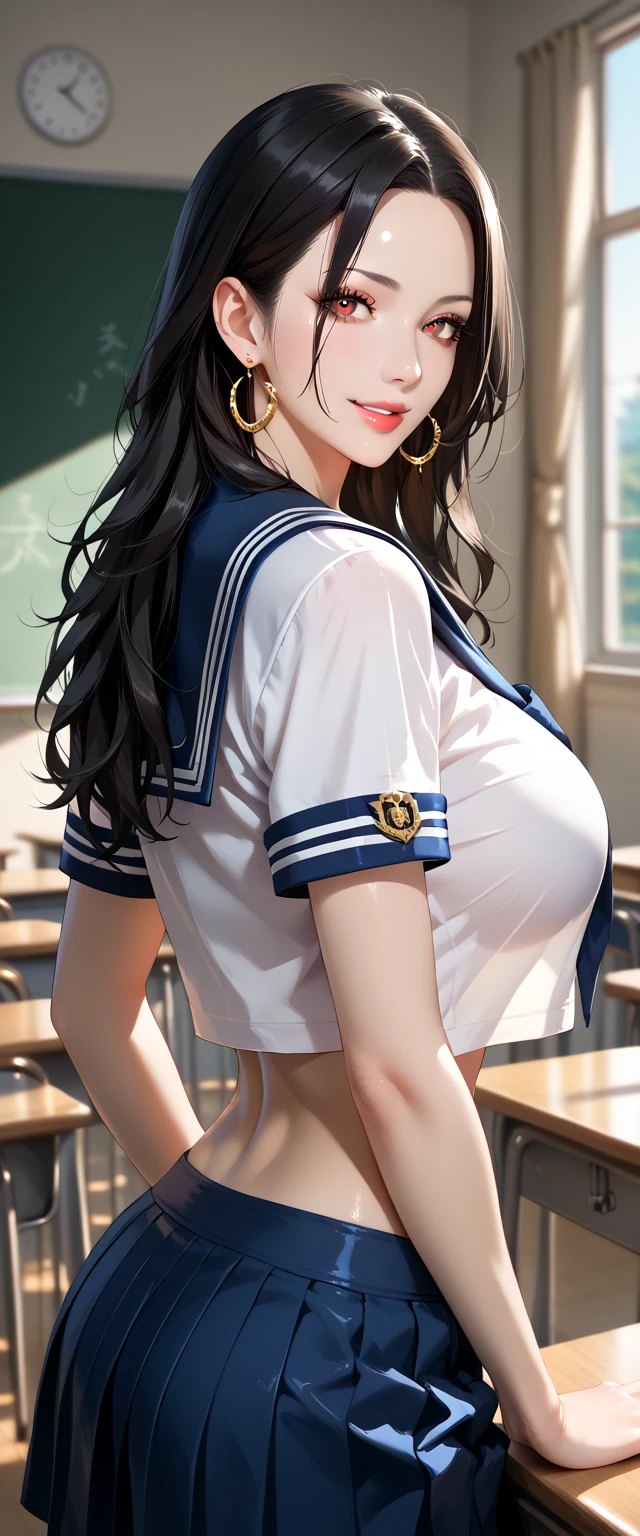Anime Waifu beautiful detailed eyes, beautiful detailed lips, extremely detailed eyes and face, longeyelashes, 1girl, sensual, young woman, medium breasts, beautiful feminine face, nice thighs, slim, sexy, erotic, beautiful clothes, perfect body, cinematic lighting and framing, (best quality,4k,8k,highres,masterpiece:1.2),ultra-detailed,digital painting,portrait,glamorous,highly detailed,soft lighting,warm color tones (((Upper Body、Shooting from below))、(((Accentuate your breasts、Shiny underwear、、Uniform Sailor Suit、mini skirt)))、Highest quality, 8k, masterpiece :1.3)), whole body, Sharp focus :One Girl,Glowing Skin,SSexy pose,Highest quality,Tabletop,shape,Very delicate and beautiful,Hmph,8k wallpaper,wonderful,In detail,Official Art,Very detailedなティッカーUnity 8k wallpaper,Incredibly ridiculous,Large file size,Very detailedな,High resolution,Very detailed,Beautiful detailed girl,Realistic,X-ray,The queue is full,(((Uniform Sailor Suit、mini skirt)))、(((Big Breasts、Black Hair、Uniform Sailor Suit、chool、classroom)))、Stand upright、Cleavage , ((Long black hair、))、Uniform Sailor Suit、exy pose、Hairstyle: Ponytail、both hands