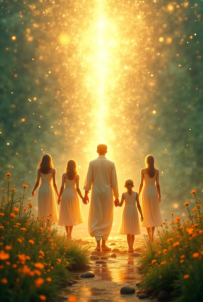 Systemic family constellations, various lineages, ancestors walking on a green lawn full of flowers, relaxing mandalas