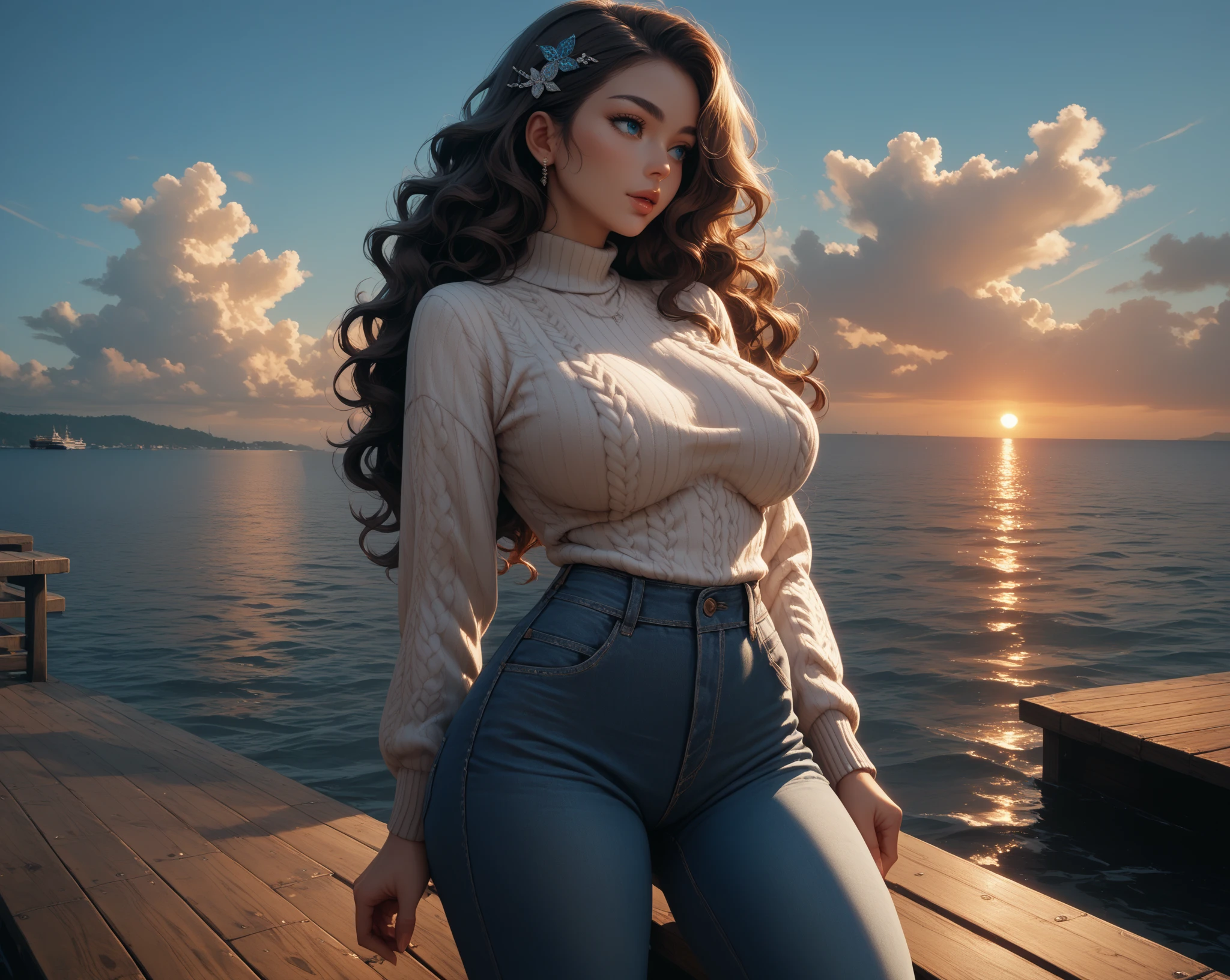 top-quality))、((​masterpiece)、Face Real、Rear-facing figure wearing black denim shorts、Buttock emphasis、Bedrooms、looking at the ocean、18-year-old girl、Smile、A little bigger chest、(Wearing a turtleneck sweater)Wearing a garter belt