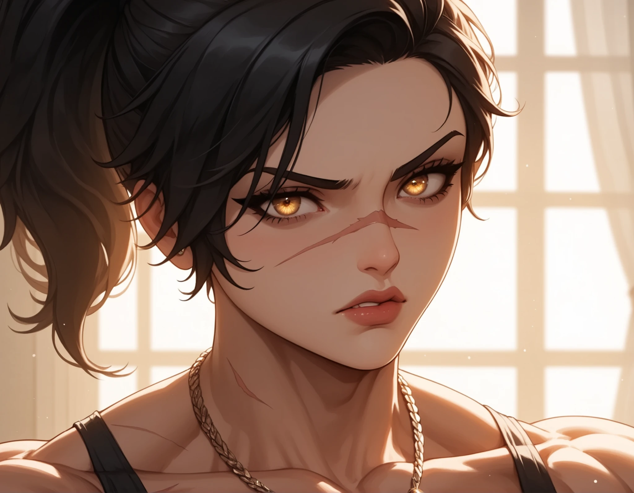 Watercolor, score_9, score_8_up, score_7_up, (Volumetric_lighting: 1.7), (masterpiece), (lora: detailed anime girlsXL), (lora: NoobAI-XL Detailer), (lora: smooth lighting enhancer) (lora: Detailed Background), (lora: NKxXmo's Shaded Face), (lora: SDXL high detailed. LoRA_SDXL_ARW_0010: 0.75), (lora: Waifu Eyes), BREAK bedroom, messy_bedroom,
1girl, scars, Tall, peach skin, (muscular:1.6), muscular_thighs, muscular_arms, short_hair, undercut_hair, hair_ponytail, white_hair, black nails, golden eyes, angry (narrow eyes, scowl, clench_teeth, crazed) standing, crop_top, necklace, close_up_shot, face_focus, large breasts, Mature looks, MILF, 8k, (masterpiece), realistic, high_quality, detail_focused,
Expressiveh
