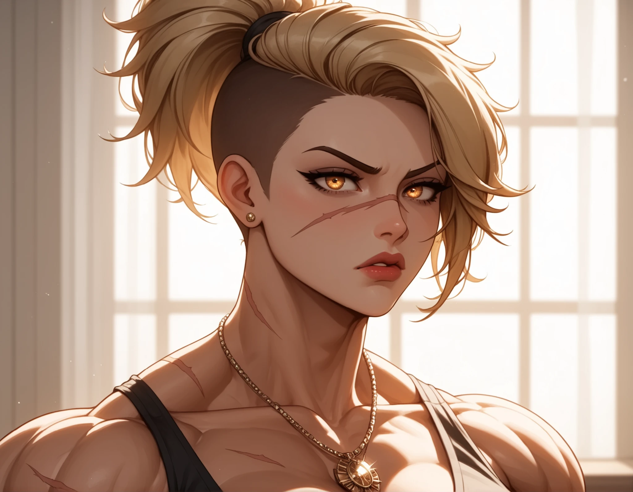 Watercolor, score_9, score_8_up, score_7_up, (Volumetric_lighting: 1.7), (masterpiece), (lora: detailed anime girlsXL), (lora: NoobAI-XL Detailer), (lora: smooth lighting enhancer) (lora: Detailed Background), (lora: NKxXmo's Shaded Face), (lora: SDXL high detailed. LoRA_SDXL_ARW_0010: 0.75), (lora: Waifu Eyes), BREAK bedroom, messy_bedroom,
1girl, scars, Tall, peach skin, (muscular:1.6), muscular_thighs, muscular_arms, short_hair, undercut_hair, hair_ponytail, white_hair, black nails, golden eyes, angry (narrow eyes, scowl, clench_teeth, crazed) standing, crop_top, necklace, close_up_shot, face_focus, large breasts, Mature looks, MILF, 8k, (masterpiece), realistic, high_quality, detail_focused,
Expressiveh