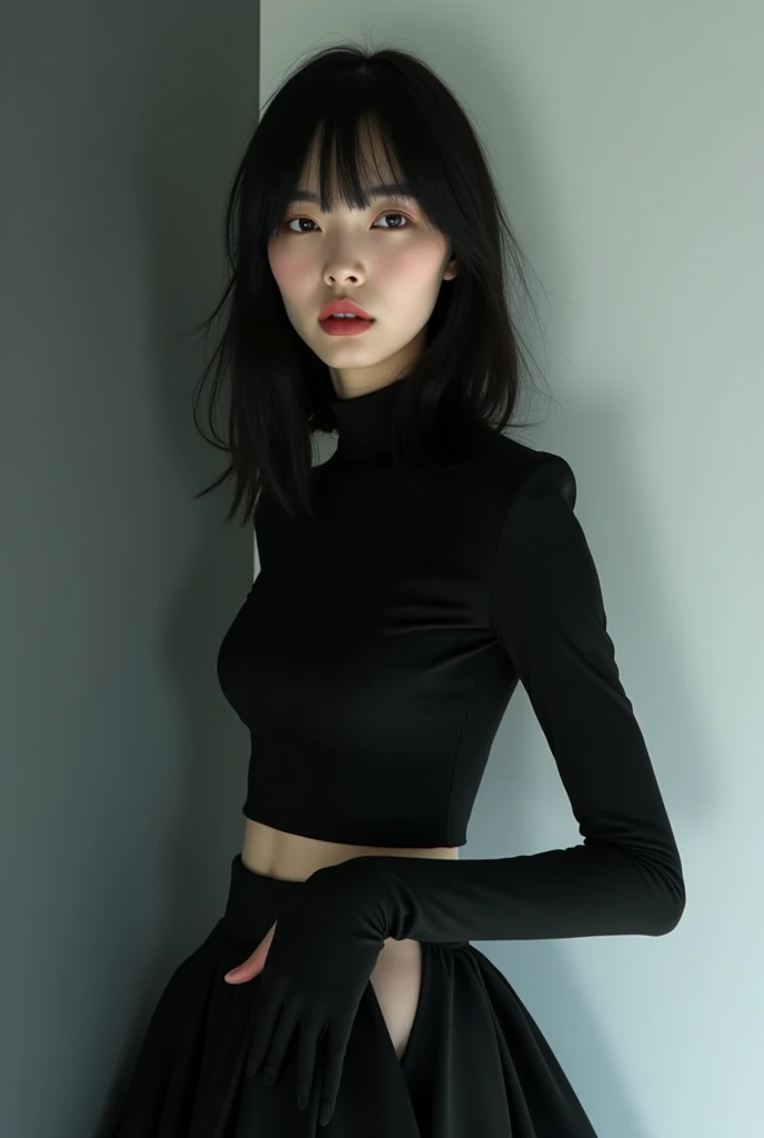 femele,aged 40,Black tight-fitting top,blacksilk,full bodyesbian,Medium distance,Rainy weather,Standing on Balcony