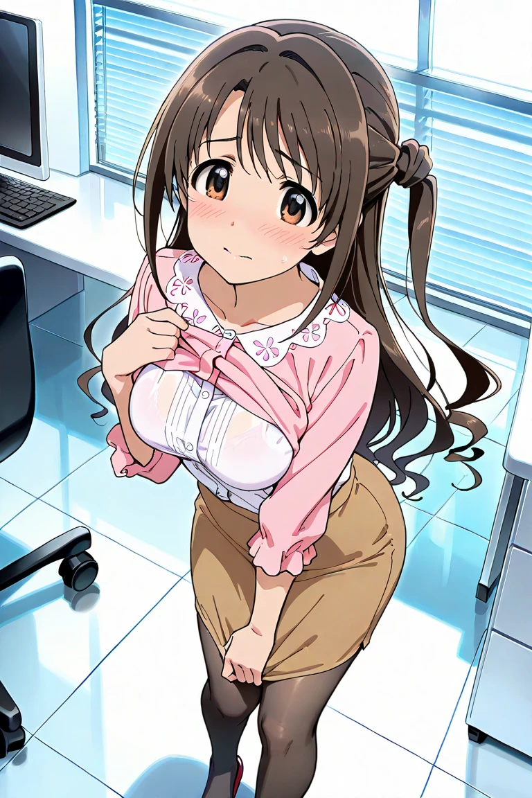 Behind the frosted glass, bathroom_glass_door,masterpiece, best quality, breasts_on_glass,1girl, fit body, wet semi-transparent clothes, sweat, breasts on windows, drop of water, breasts squeezed by glass,Mikan Yuuki, brown eyes, brown hair, hair ornament,long hair,green plaid skirt, sainan high school uniform, school uniform, white shirt, yellow sweater vest,blur background,background defocus