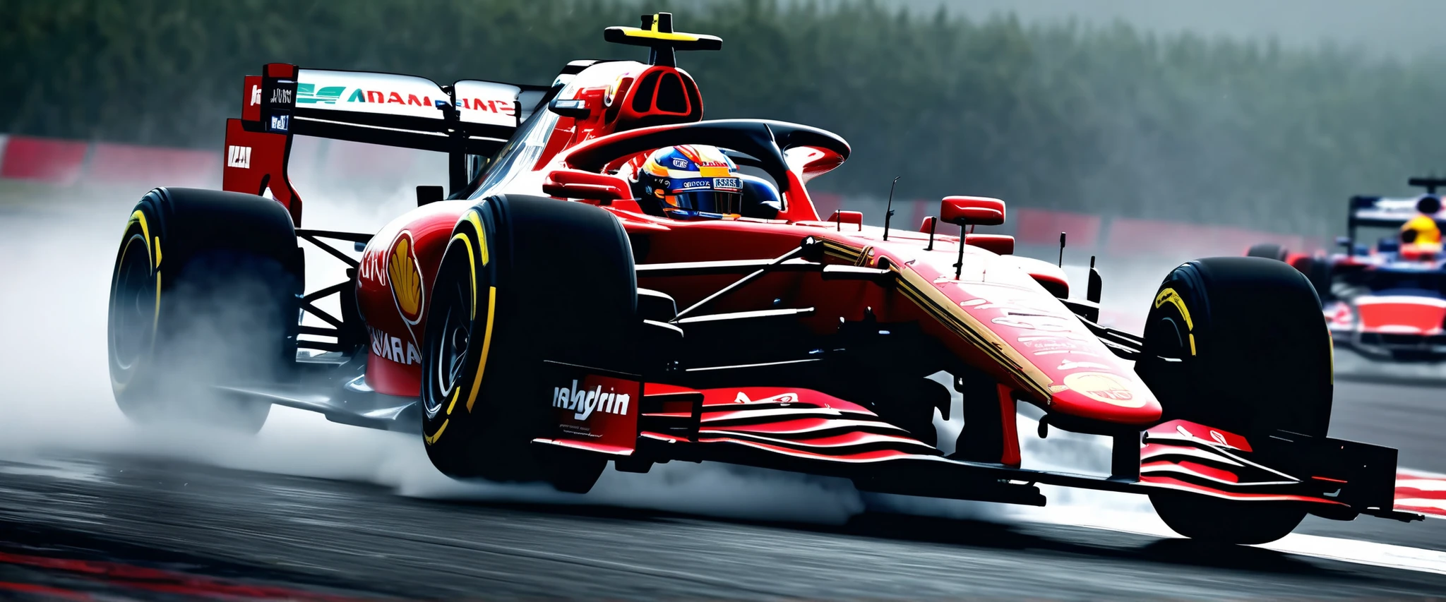 (Photorealism, retina, accurate, super detail, best quality, 8k, extremely precise in every detail, beautiful detailed glow, beautiful attention to detail:1.3), Foggy race day intensifies as Formula 1 cars sprint through the mist, One of the Formula 1 car in striking red and platinum liveries is leading the charge closely pursued by rivals, With tires gripping the rain-dampened asphalt, the adrenaline-fueled competition is set against the challenging backdrop of low visibility on the fast-paced track