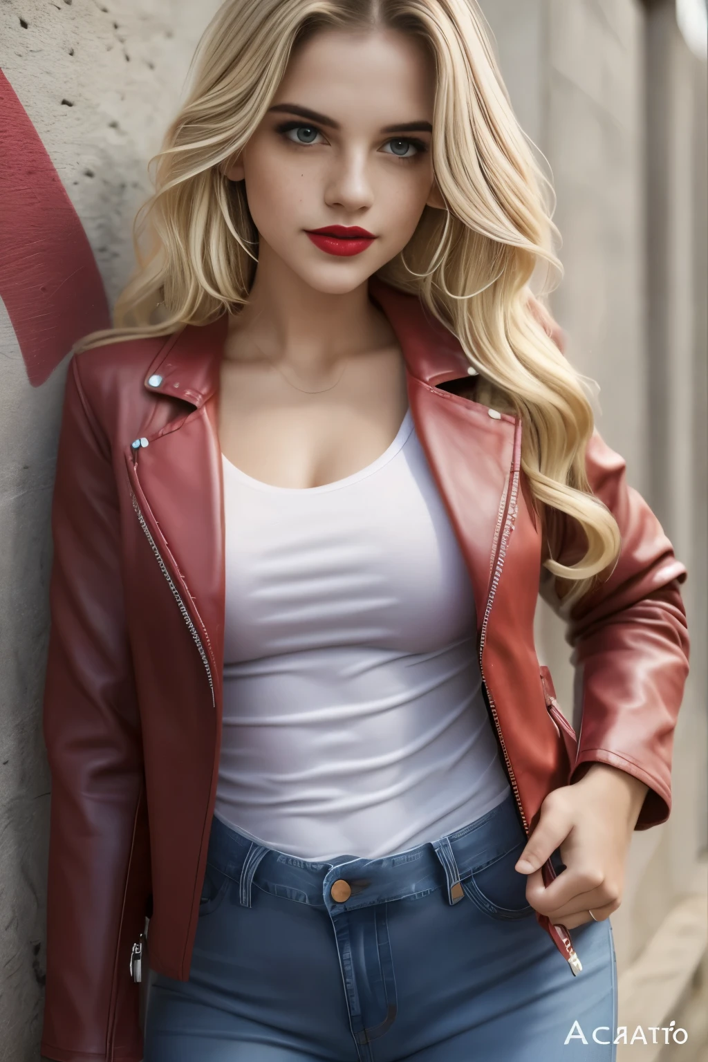 Lucy Pinder, portrait, Face portrait, red lips, smiling, cleavage, Voluptuous woman, straight hair, blonde hair, medium hair, black trench coat, blue jeans, purse.