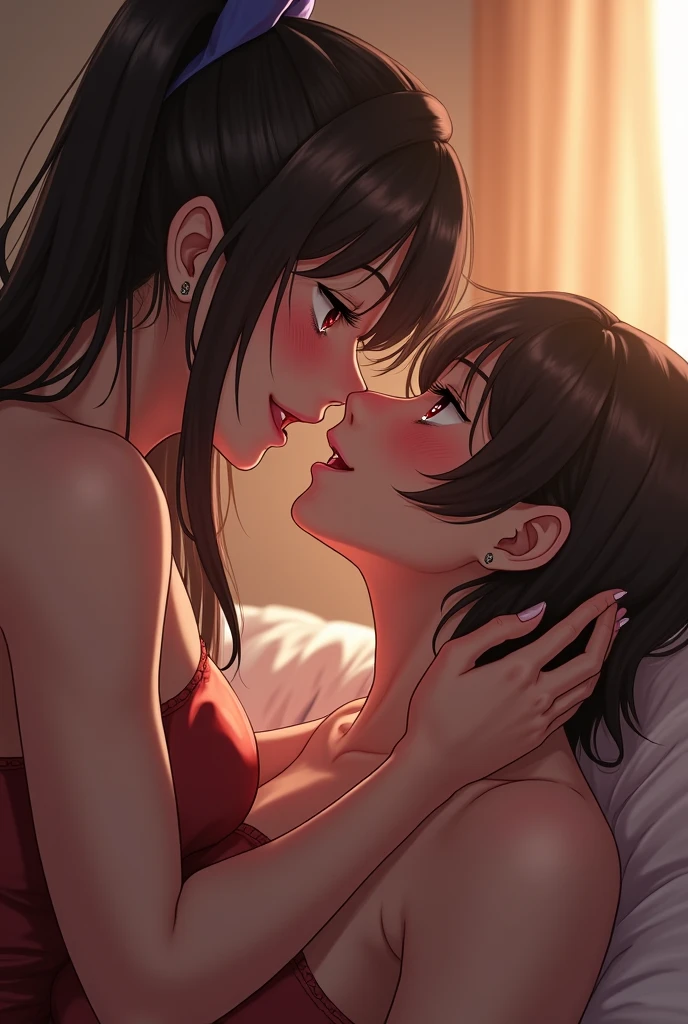 ((2 Married Women , Yuri)) ,nsfw , bedroom ,night , 4k , best quality , black long hair and brown short hair ,flat breast and huge breast , short shorts and miniskirt ,nude , kissing ,