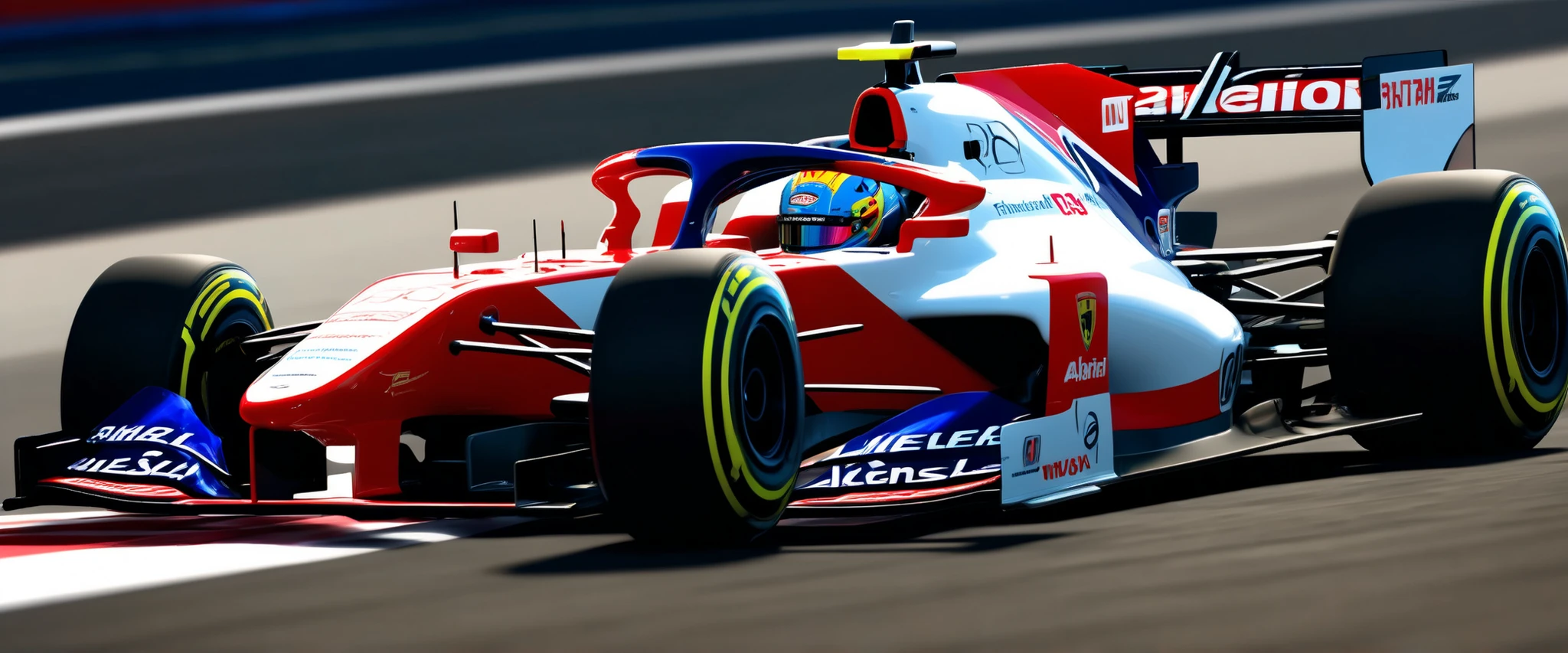 (Photorealism, retina, accurate, super detail, best quality, 8k, extremely precise in every detail, beautiful detailed glow, beautiful attention to detail:1.3), a Formula 1 car speeding through a curve on the track, showcasing its sleek white and red design, The driver appears focused, wearing a helmet and racing gear, as the car hugs the racing line, The photograph captures a dynamic motion with sharp detailing on the car and slight motion blur on the wheels to emphasize the speed, The track surface is visible with subtle tire marks, and the lighting creates contrast, highlighting the car's aerodynamic design