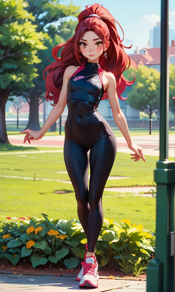 depth of field, high saturation, high contrast, HDR, Ray tracing, detailed scenery
BREAK
expressive eyes, perfect face, distinct facial features, proportional body, 1girl, hourglass body, fit body, (abs:0.7), navel, midriff, large breasts, round breasts, narrow hips, low hips, pale skin, pink lips
BREAK
standing, ((contrapposto)), ((hands on hips)), looking at viewer, fantasy settings, outdoors, castle, floating island, flower garden, small bridge, small fountain, smiling, confident smile, (((blushing))), aroused, (seductive smile:0.7), (naughty smile:0.7), (lustful smile:0.7), (smug grin:0.5), mouth open, (teeth clenched:0.7)
BREAK
wrestling outfit, sports bra, logo, ((elbow gloves)), full gloves, short shorts, (((tighhighs))), garter straps, BREAK
kamiya nao, long hair, red hair, blunt bangs
<lora:detailed_eye_V2:0.8>
<lora:Furtastic_Detailer:1>