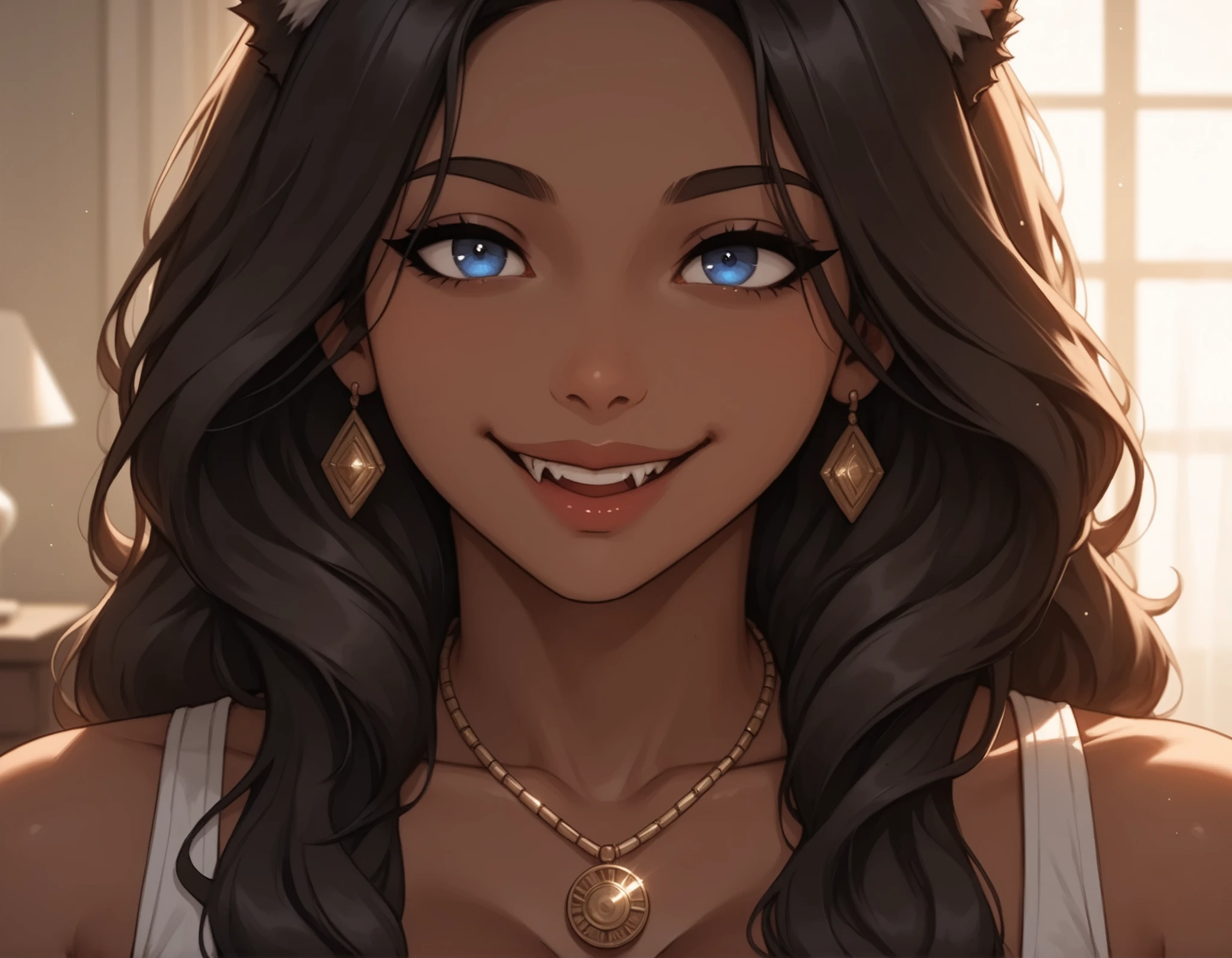 Watercolor, score_9, score_8_up, score_7_up, (Volumetric_lighting: 1.7), (masterpiece), (lora: detailed anime girlsXL), (lora: NoobAI-XL Detailer), (lora: smooth lighting enhancer) (lora: Detailed Background), (lora: NKxXmo's Shaded Face), (lora: SDXL high detailed. LoRA_SDXL_ARW_0010: 0.75), (lora: Waifu Eyes), BREAK bedroom, messy_bedroom,
1girl, Tall, dark skin, wolf_ears, sharp_teeth, fangs, dark_skinned, curvy, Long_hair, wavey_hair, brown_hair, black nails, blue eyes, happy (smiling, excited) standing, crop_top, necklace, close_up_shot, face_focus, large breasts, Mature looks, MILF, 8k, (masterpiece), realistic, high_quality, detail_focused,
Expressiveh