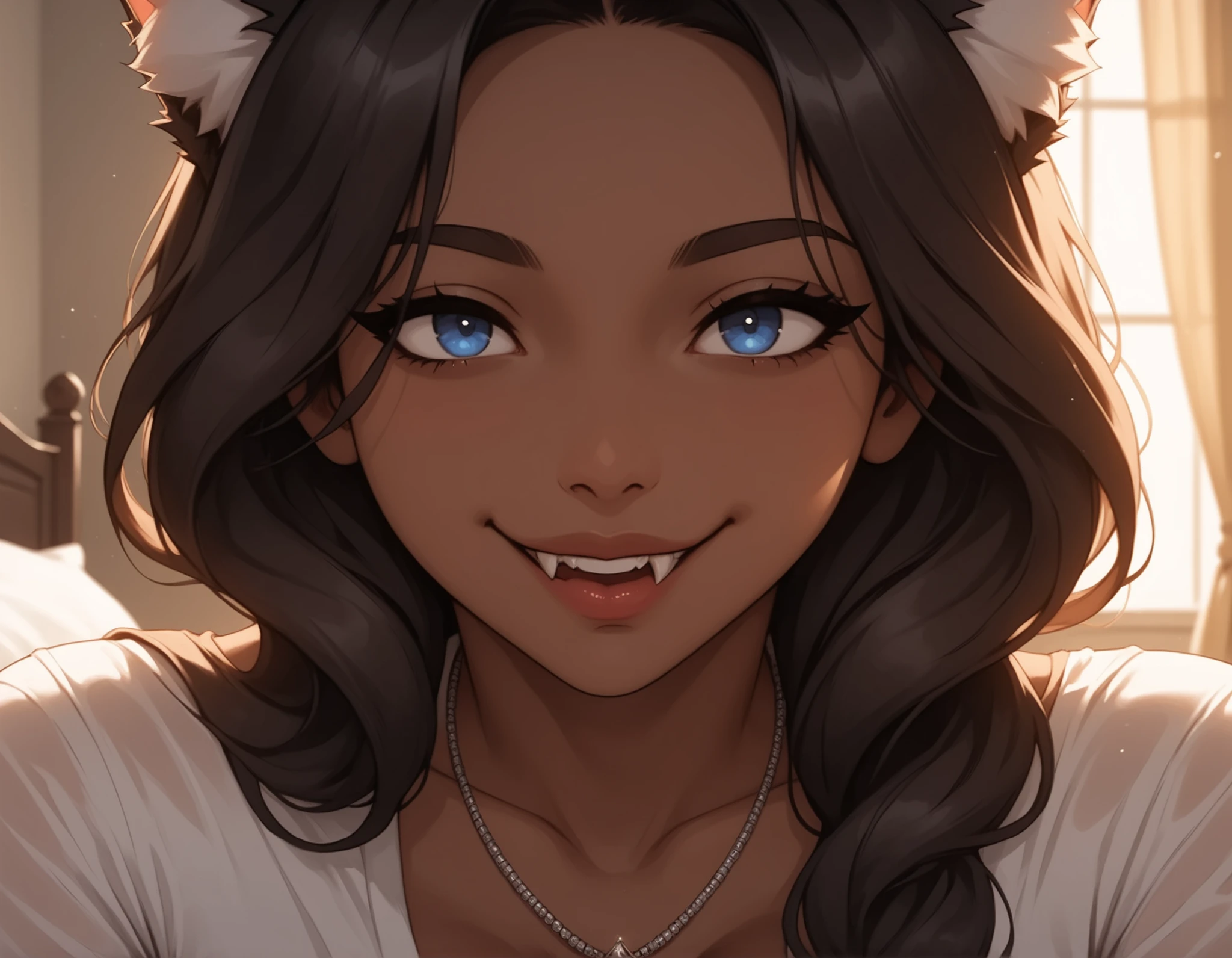 Watercolor, score_9, score_8_up, score_7_up, (Volumetric_lighting: 1.7), (masterpiece), (lora: detailed anime girlsXL), (lora: NoobAI-XL Detailer), (lora: smooth lighting enhancer) (lora: Detailed Background), (lora: NKxXmo's Shaded Face), (lora: SDXL high detailed. LoRA_SDXL_ARW_0010: 0.75), (lora: Waifu Eyes), BREAK bedroom, messy_bedroom,
1girl, Tall, dark skin, wolf_ears, sharp_teeth, fangs, dark_skinned, curvy, Long_hair, wavey_hair, brown_hair, black nails, blue eyes, happy (smiling, excited) standing, crop_top, necklace, close_up_shot, face_focus, large breasts, Mature looks, MILF, 8k, (masterpiece), realistic, high_quality, detail_focused,
Expressiveh