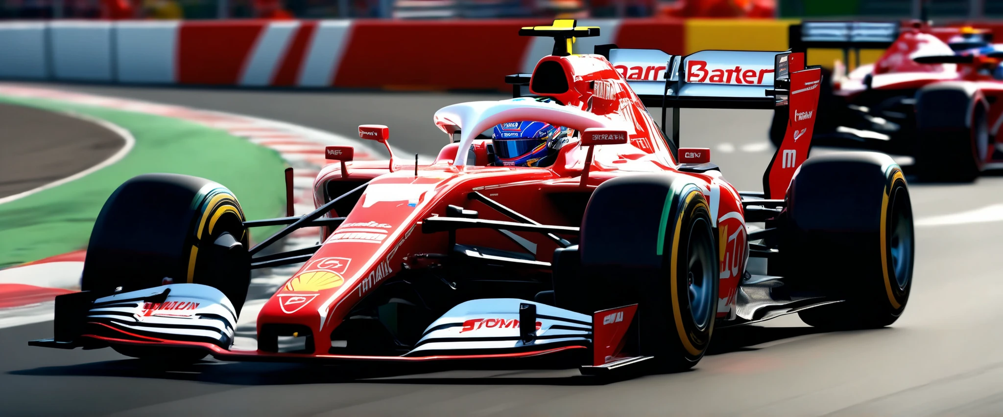 (Photorealism, retina, accurate, super detail, best quality, 8k, extremely precise in every detail, beautiful detailed glow, beautiful attention to detail:1.3), a Formula 1 car speeding through a curve on the track, showcasing its sleek white and red design, The driver appears focused, wearing a helmet and racing gear, as the car hugs the racing line, The photograph captures a dynamic motion with sharp detailing on the car and slight motion blur on the wheels to emphasize the speed, The track surface is visible with subtle tire marks, and the lighting creates contrast, highlighting the car's aerodynamic design