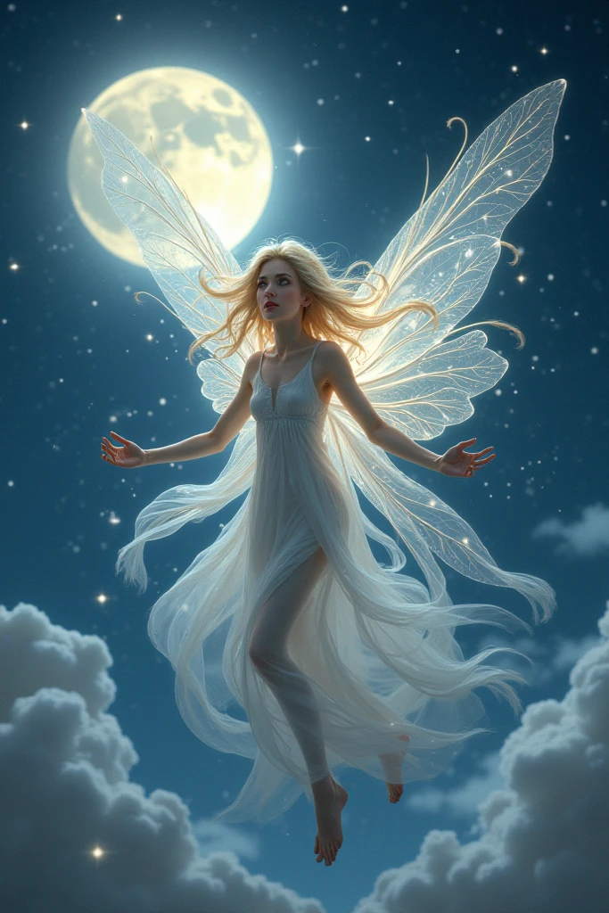 beautiful young blonde girl, fantasy, (((sitting on a cressant moon))), sentually, looking at the night sky 8k,