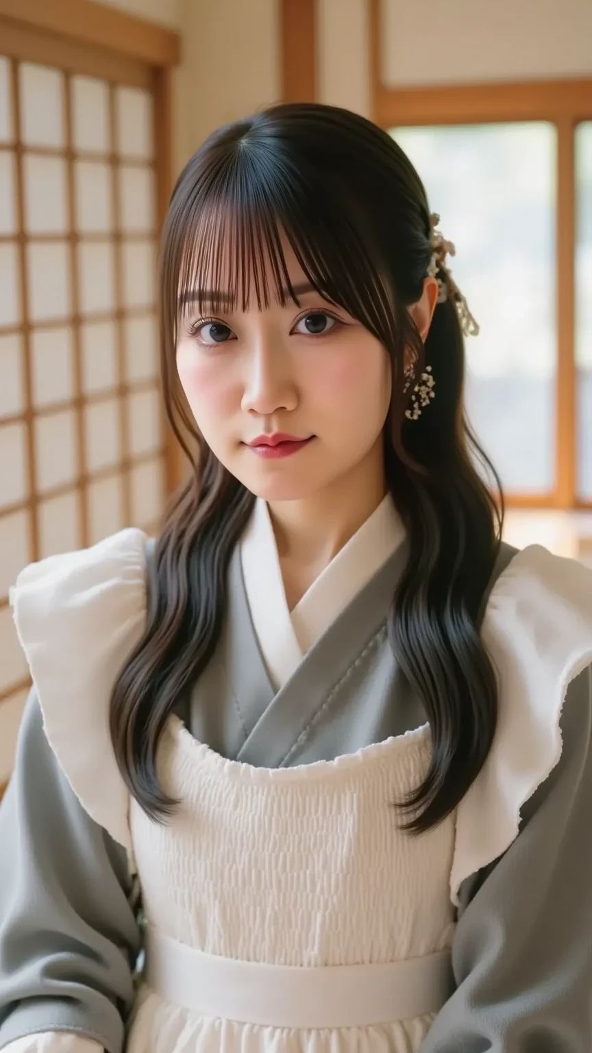 (((White world、white background)))、RAW、real stick、realistic、extremely cute woman、Perfect good looks、natural look、no makeup、plump lipeautiful black hair、Yamato Nadeshiko、Beautiful light purple kimono、Nishijin-ori kimono、Very delicate kimono pattern、Beautiful angles、graceful pose、white background、background  white、focus on face、Upper body angle、highest quality、high resolution、master piece:1.ortrait、８ｋ、50ｍｍlens、perfect lighting、professional photographer