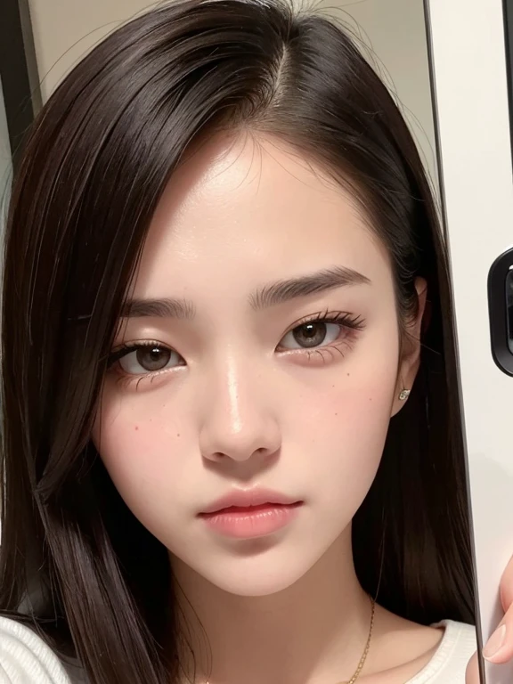 Kim jennie con el cabello negro oscuro, con rulos en las puntas del cabello negro oscuro, con un ganchito de estrella en el cabello negro oscuro, ojos de color claro, ojos bonitos, ojos llorosos, nariz bonita y respingada, labios bonitos, labios rosas, heart and cupid shaped lip, piel bonita, pale, piel blanca, con lunares y pecas en todo el rostro, rubor rosa suave en las mejilla, rubor rosa natural, maquillaje suave y rosa, jennie, cuellos bonito, cuello marcado, frown, mirada enojada, con un collar de beso, un collar bonito de beso, mientras tiene un traje de Yumeko Jabami, cospaly de Yumeko Jabami, mientras tiene una camisa blanca, con tiene un traje de color rojo encima de su camisa blanca, apretado a su cuerpo, con una falta negra corta mientras tiene el abdomen desnudo, delgado, marcado y bonito, (pechos grandes, pechos suaves, pechos bonitos, pechos naturales), mientras esta haciendo cospaly del personaje Yumeko Jabami, del anime Kakegurui, mirando a la camara, autofoto, selfie bonita