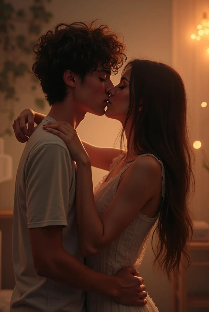 Timothée Chalamet and I ( je suis brune aux cheveux longs yeux noisette, blanche, 169cm, shy ) kissing
