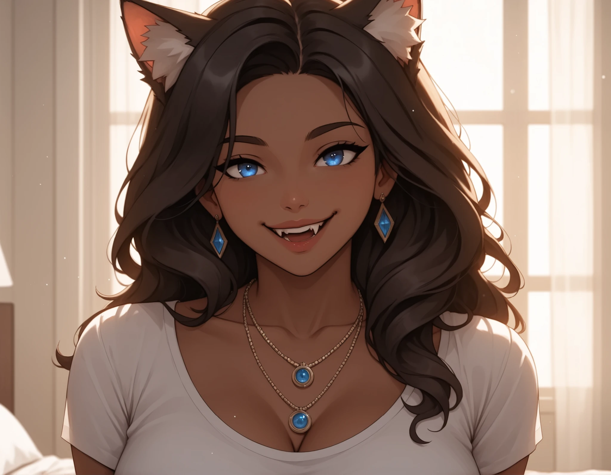 Watercolor, score_9, score_8_up, score_7_up, (Volumetric_lighting: 1.7), (masterpiece), (lora: detailed anime girlsXL), (lora: NoobAI-XL Detailer), (lora: smooth lighting enhancer) (lora: Detailed Background), (lora: NKxXmo's Shaded Face), (lora: SDXL high detailed. LoRA_SDXL_ARW_0010: 0.75), (lora: Waifu Eyes), BREAK bedroom, messy_bedroom,
1girl, Tall, dark skin, wolf_ears, sharp_teeth, fangs, dark_skinned, curvy, Long_hair, wavey_hair, brown_hair, black nails, blue eyes, happy (smiling, excited) standing, crop_top, necklace, close_up_shot, face_focus, large breasts, Mature looks, MILF, 8k, (masterpiece), realistic, high_quality, detail_focused,
Expressiveh