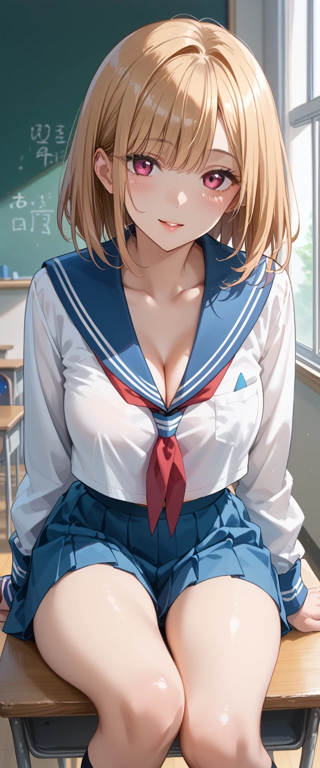 (masterpiece:1.2, highest quality), (realistic, photorealistic:1.4), beautiful illustrations, (natural side lighting, movie lighting), Depth of written boundary,
looking at the viewer, (face focus, Upper body), Front view, full body figure,full body, 1 girl, English, high school girl, 15 years old, perfect face, Cute symmetrical face, shiny skin,
(((shortcut:1.7,blonde))), asymmetrical bangs, Big eyes, droopy eyes, long eyelashes chest), thin,
beautiful hair, beautiful face, fine and beautiful eyes, beautiful clavicle, beautiful body, beautiful breasts, beautiful thighs, beautiful feet, beautiful fingers,
((fine fabric texture, sailor moon, Sleeveless white collar shirt, White pleated skirt, Navy bow tie)),
(beautiful scenery), evening, (In front of the blackboard in the classroom), Are standing, (smile, Upper grade, open your mouth), (((skirt lift, No panties, genitals visible)))