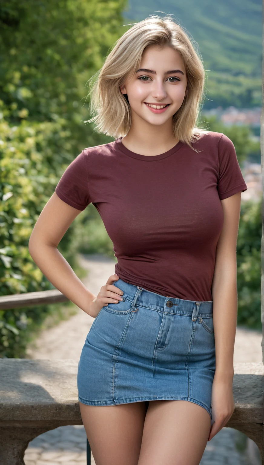 ultrarealistic high quality fullbody photo of a beautiful busty athletic european 18-year-old girl with cute hyperdetailed shy happy face and shoulder length platin-blonde classic bob and long legs, realistic round eyes, red lipgloss, decent makeup with eyeliner, wearing grey longsleeve and skinny jeans, hourglass body, outdoor photography, sunny day