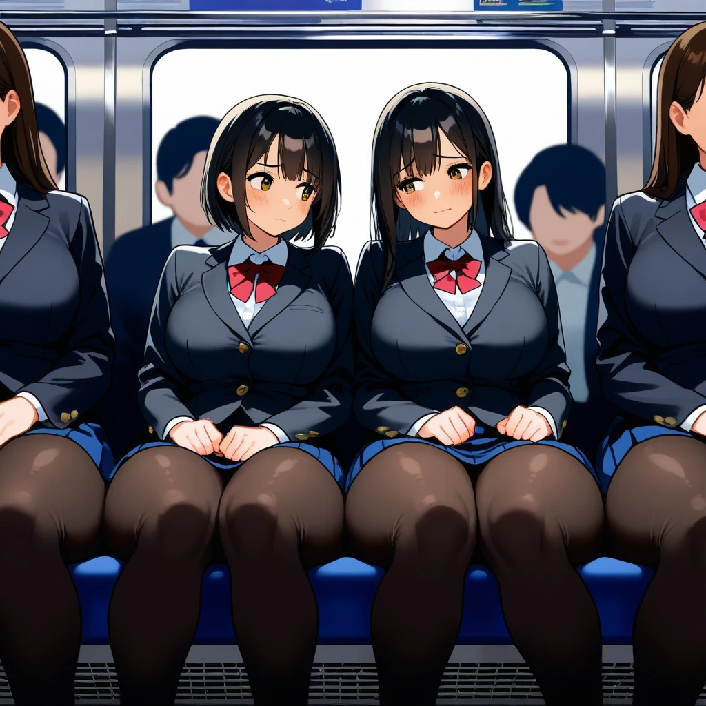 (((masterpiece, highest quality, High resolution, 超High resolution, Perfect Pixel, Depth of written boundary, 4K, RTTX 10.0, High resolution))), Beautiful Anime Woman, Beautiful art style, Anime characters, ((Long Hair, bangs, Dark brown hair, Various hairstyles, Twin tails, ponytail)), ((Beautiful eyelashes)), ((Detailed face, blushする:1.2)), ((Smooth texture, Realistic texture, Anime CG Style)), Perfect body, (Slender body:1.2), Exact finger count、Exact number of legs、(Exact number of arms:1.0, Exact number of hands:1.0), (blush:1), (Four women lift their skirts and sit side by side on train seats:1.3), (Fashionable white shirt, Sailor collar, Knee-high socks, loafers, Pleated mini skirt:1.3), Realistic, highest quality, High resolution, 非常にDetailed face, Perfect lighting, Extremely detailed CG, (Perfect hands, Perfect Anatomy), Embarrassed expression, (on the train:1.3), Morning sun-like lighting, whole body, ((Stylish shiny satin panties, Stylish side-tie white panties with black lace, White panties with black trim, White panties with gorgeous embellishments:1.3)), Angle from the front、(Beautiful and thin thighs:1.3)