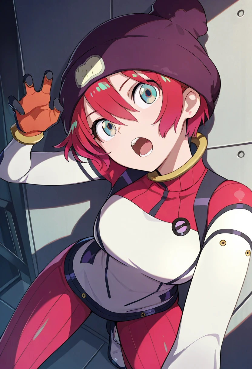   Amate Yuzuriha  ,one girl on her back,solo,stare at viewers,
  Amate Yuzuriha  \(pilot suit\),Beanie,
dynamic pose,open your mouth、
masterpiece,of the highest quality,great quality,very aesthetic,ridiculous dress,