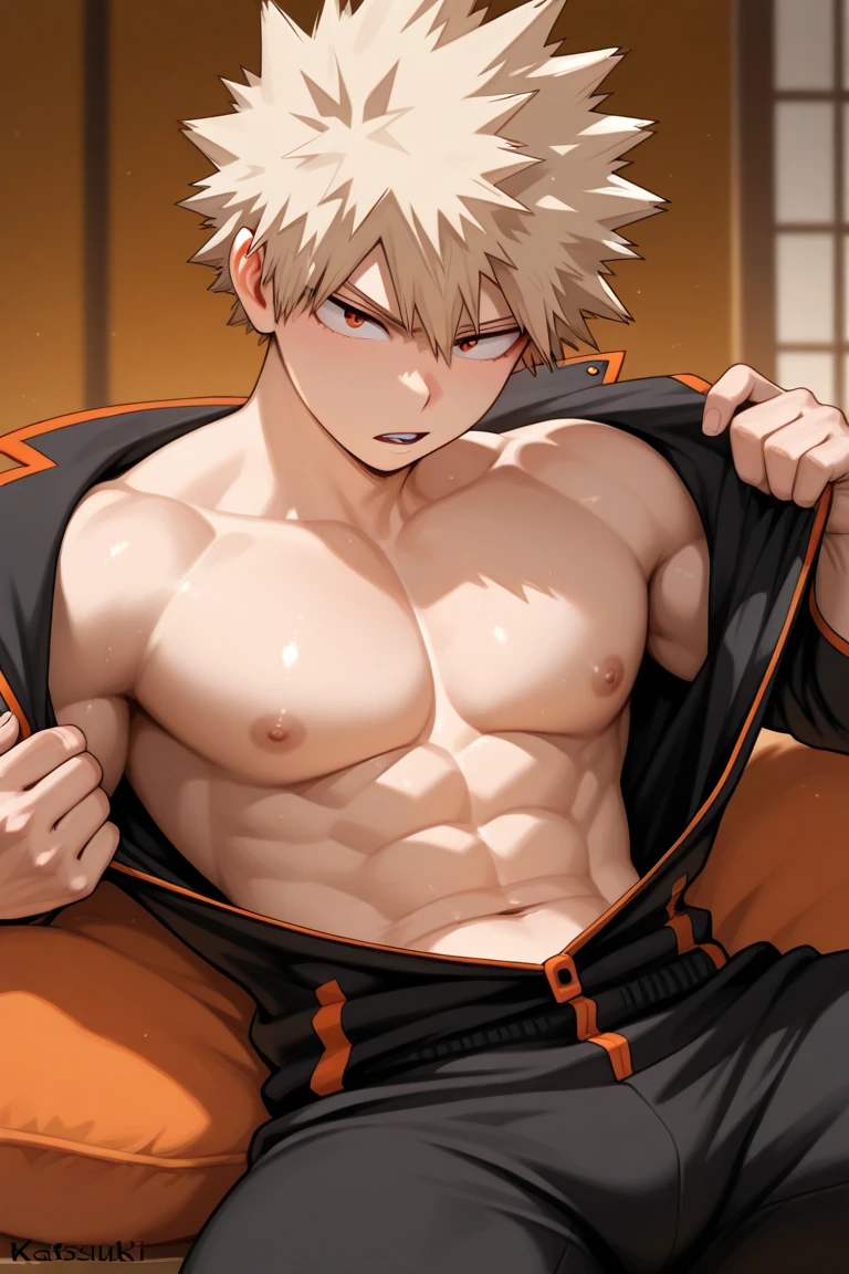 Naruto Uzumaki in white thin underpants is sitting on the bed, legs apart, looking at the viewer , the best quality , masterpiece , naked torso , bare legs , gray room, light from the window on the wall, crumpled bed, blurred background , first-person view , camera looks in the groin