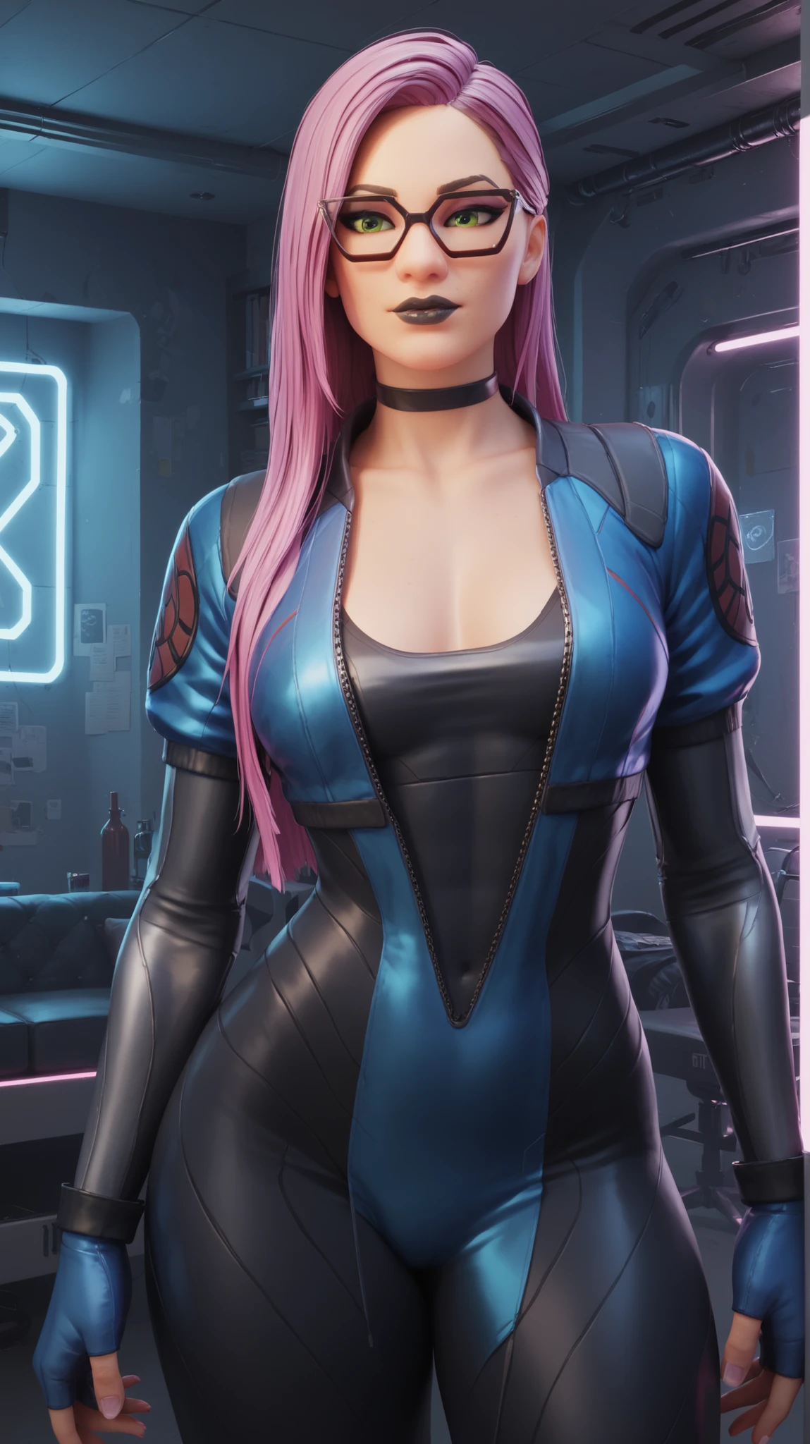 girl (masterpiece),choker,black lips,Psylocke costume from the Marvel Rivals video game, white with blue ,gloves, evening (only) , futuristic room, with neon lighting,beautiful green eyes,long hair pink hair,glasses, standing