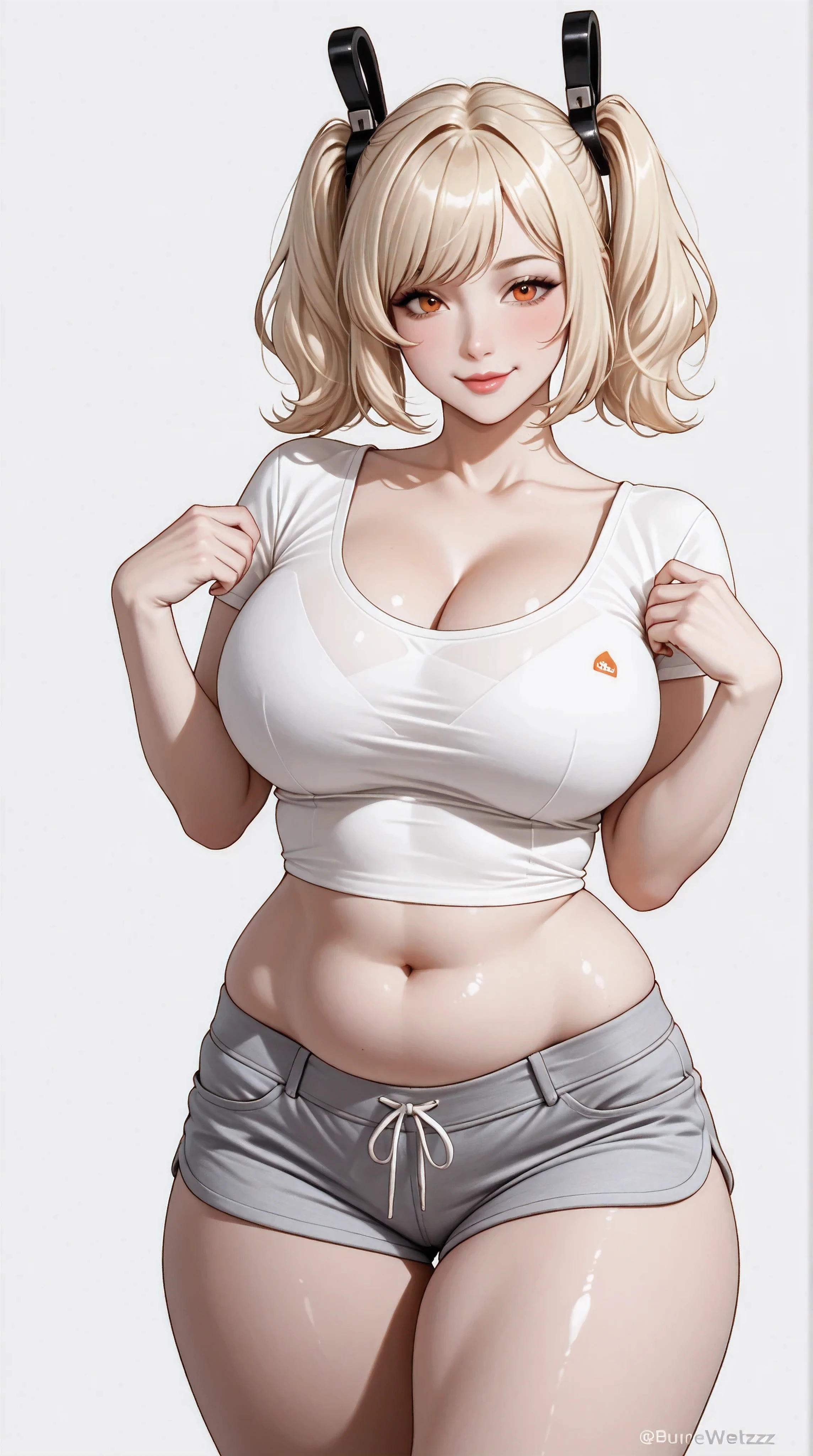masterpiece, extremely detailed, perfect skin texture, 4k, solo, 1girl, adult,((fullbody)), stand up, burnicewhitezzz, sexy legs, perfect body, large breasts, white tshirt, grey shorts, housewife, soft light, high detailed, best quality, midriff, navel, navel line, belly, bare belly, sexy, hot girl, hot woman, big breasts, sexy girl, sexy woman, korean face, beautiful, thick thighs, thigh thighs, upper body, tshirt, beautiful girl, beautiful woman, hot pose, perfect hands, wide hips, expressive, looking at viewers, front look, sexy pose, photography, white plain background, white background, mature, cleavage, girlish face, burnice, twintails, orange eyes, blonde hair, short hair, two side up, hair ornament, cowboy shot,((white plain background))