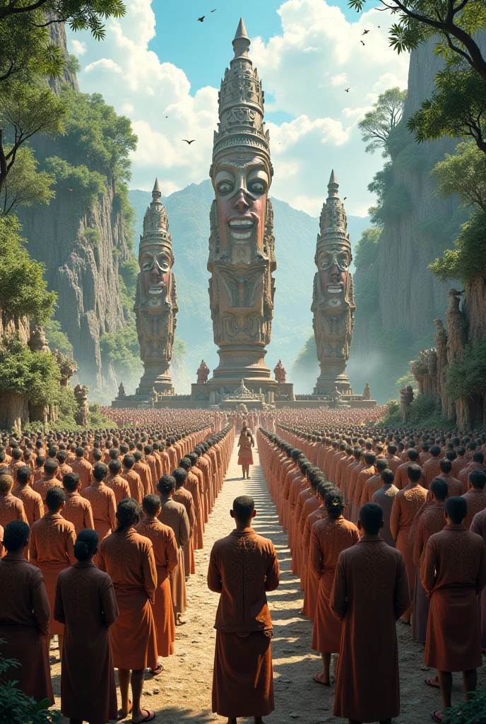 Pictures of people worshipping large stone statues