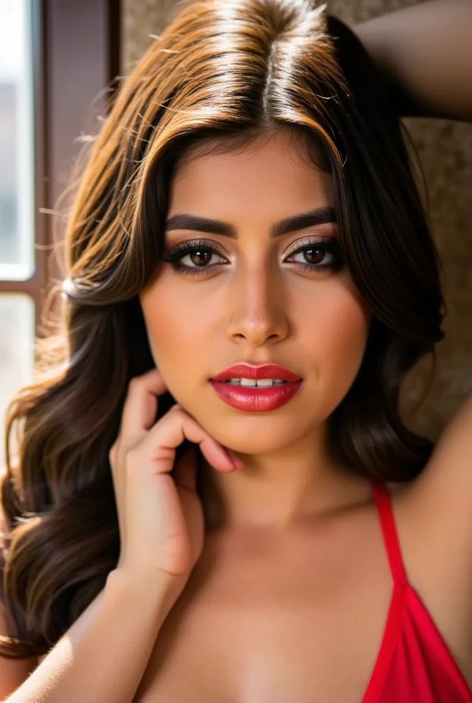 Portrait of A confident-looking woman with flowing long and thick hair, hazel eyes, a smile on the face, royal and lusty look, red bindi, huge large breast, perfect composition, hyperrealistic, super detailed, 8k, high quality, trending art, trending on artstation, sharp focus, photo, intricate details, highly detailed, art by Greg Rutkowski