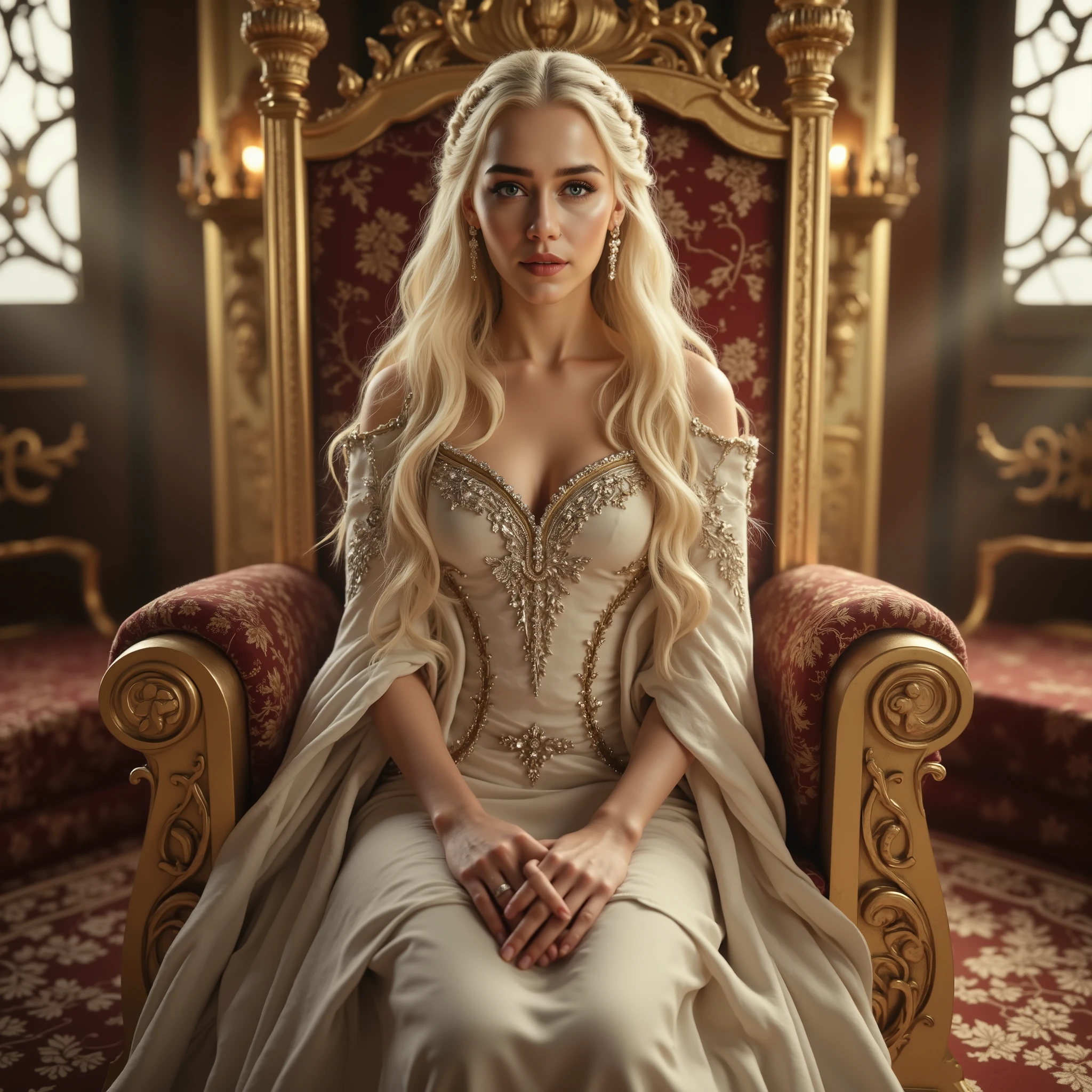 Targaryen princess, gown, throne room, godrays, long hair