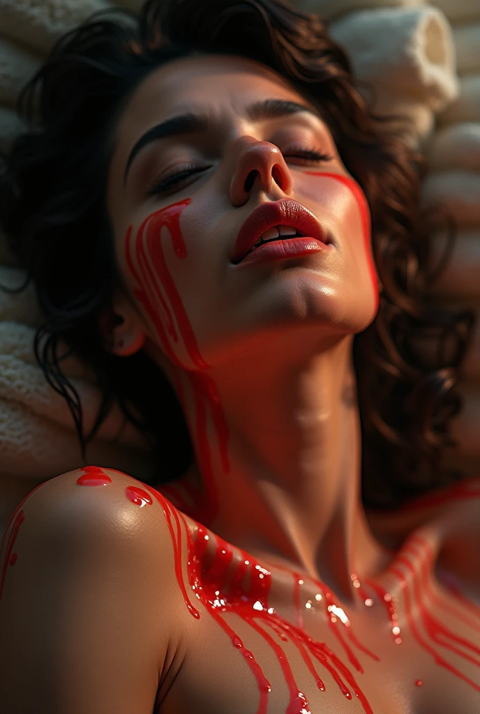 lying in a bed filled with a dark red liquid resembling blood, create a hyper-realistic 4K image of a female figure resembling a runway model. the figure's body should be partially submerged in liquid. The model should have long black hair and her expression should convey a sense of fragility and strength. it should highlight the contours of the body and the texture of the liquid.