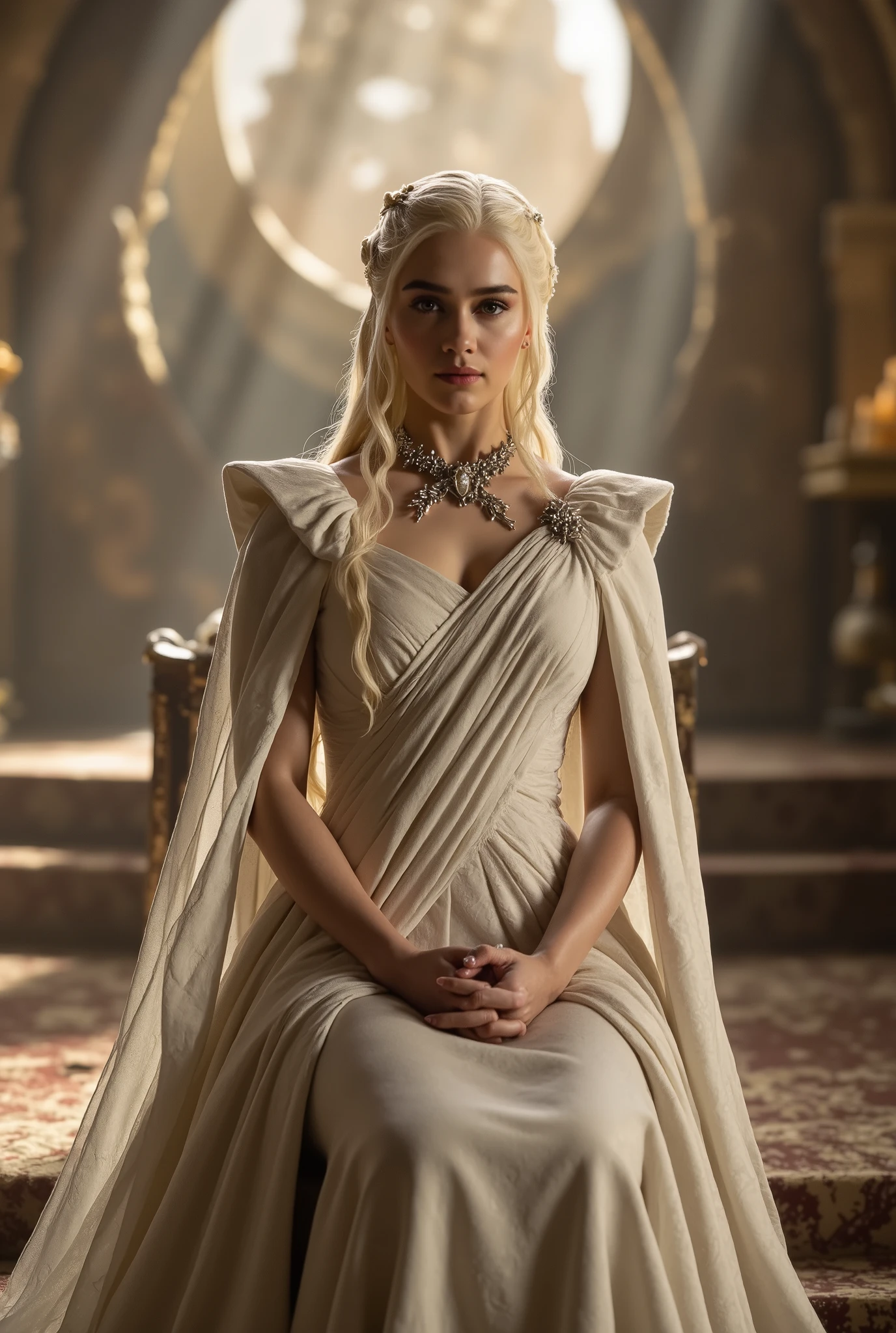 Targaryen princess, gown, throne room, godrays, long hair