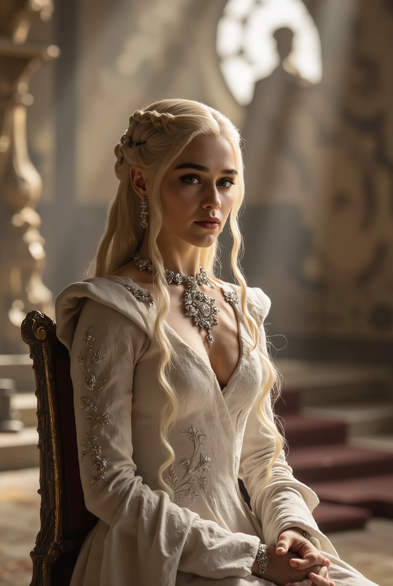 Targaryen princess, gown, throne room, godrays, long hair