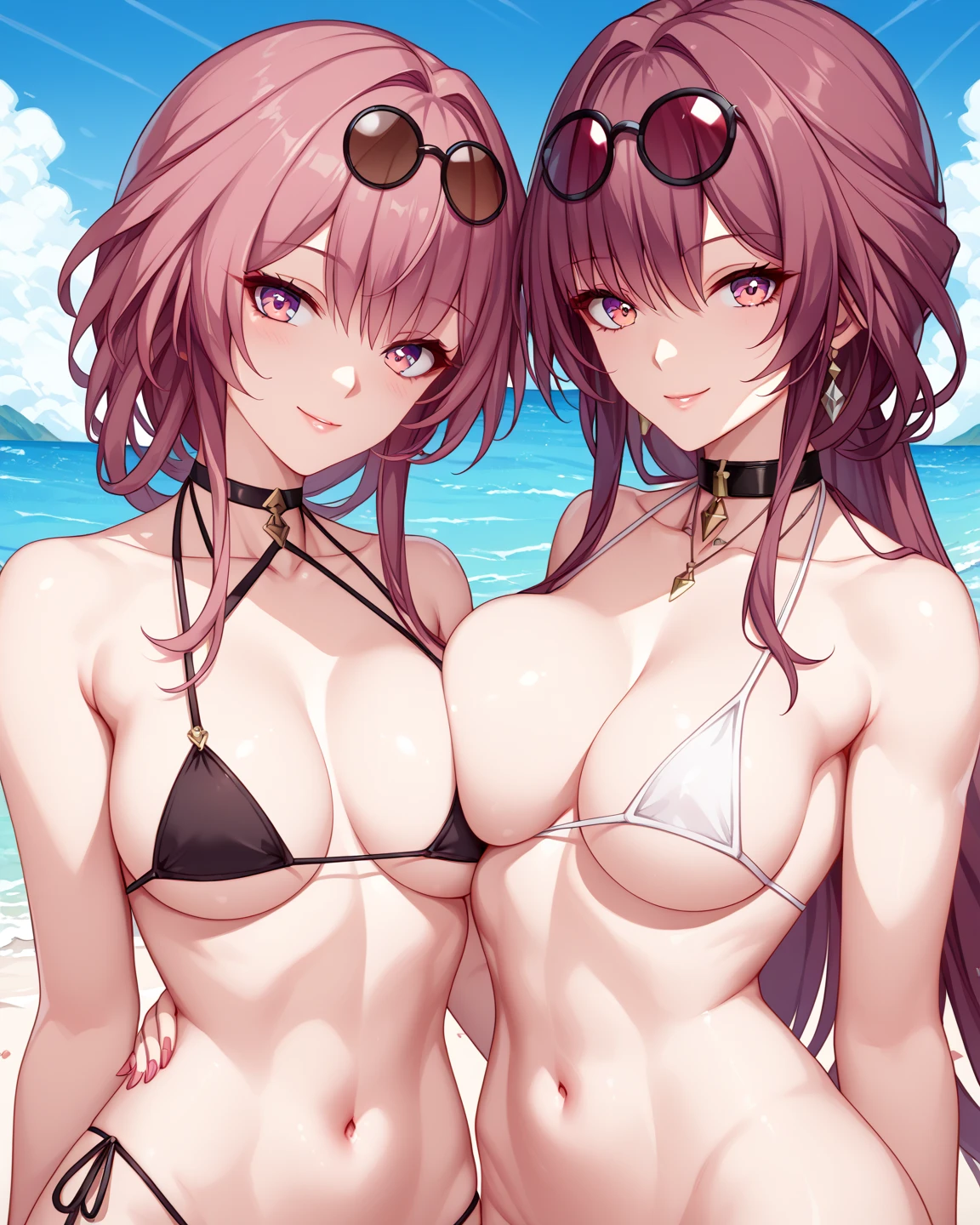 (masterpiece, 最high quality, 超High resolution, Very detailed), (Realistic:1.1, photoRealistic:1.4), Perfect illustration, Perfect lighting,Hair in perfect detail, Perfect and detailed face, Perfect collarbone, Perfect body,Juicy breasts, Perfect Thighs, Beautiful feet, View your viewers, 1 Girl,Perfect Face, (Perfect Anatomy, Anatomically correct), Symmetrical face、((Shiny Hair)),Sexy Body、(masterpiece),(最high quality:1.3),8k,Very clear,(Ultra-realistic),,Captivating woman,(high quality, High resolution, Fine details), Realisticなスタイルの女性,Juicy breasts、One perfect woman、Perfect Face、Symmetrical face、Baby Face、((Large Breasts))、Cleavage、blush、((Juicy lips))、(((Curly long hair)))、((Double large eyes、Long eyelashes))、((Red makeup))、(((Very large and powerful breasts)))、(((two lesbian women))), (((Completely naked)))、((Curvaceous))、(((Two women hugging each other on the beach)))、nsfw