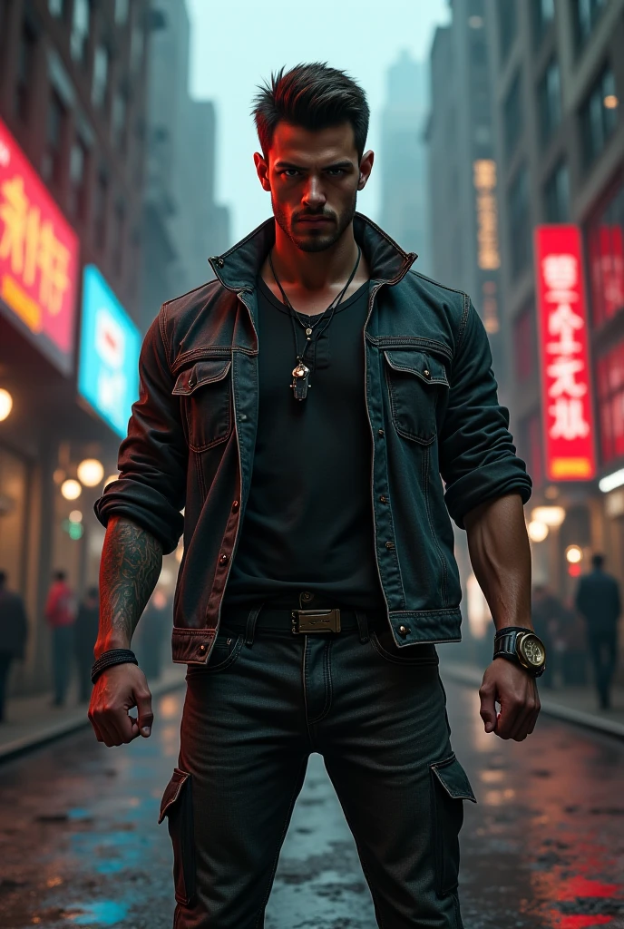 there's a man in jeans standing on the street with a city, carrying with him a very strong pit bull dog in the chain, very cyberpunk style, in the city, inspired by Arik Brauer, inspired by James Gurney, streets of New York, technoviking man without a shirt, inspired by Bruce Gilden, urban in the background, with a very sharp and safe sky and a helicopter in the air,  Photo manipulation, standing on a city street, Lucas Graziano, in a cyberpunk city, image in 8K