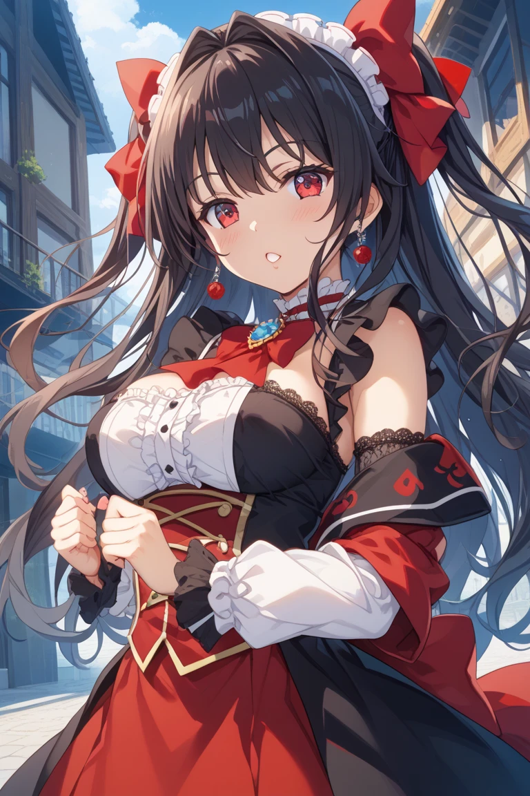 (masterpiece:1.2), (high quality:1.2), (hui xiyi:0.7)rekkyo sensen, rekkyou sensen, girls with((black hair, bangs, (one side up, long wavy hair:1.55), (arm up, perfect hands, perfect fingers, tied hands:1.43), exposed breasts, tits cleavage, breasts close up, dress((suspenders, dress:0.65), (belts:0.7), (blue clothes, frills shirt, white knit sweater, long sleeves, off-shoulder sleeves, silver handcuffs, chain, ribbon:1.2)), upper body)), background with((bedding, futon, blanket, jail, prison:1.45))