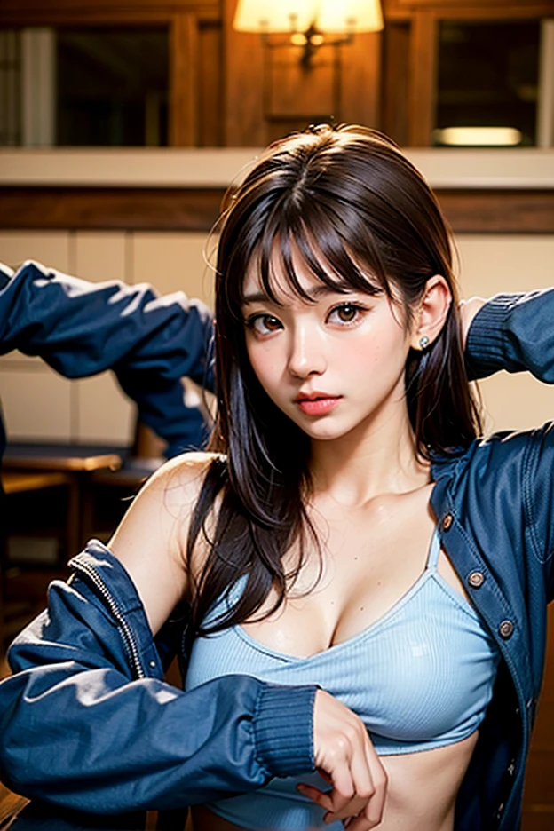 Photo studio、Blue leather blazer suit with rubber texture、Shiny black silk shirt、(Large Breasts:1.4)、Japanese、Gravure idol、Cute 18 year old girl,Black hair in a ponytail, masterpiece, 最high quality, 超high quality, high quality, High resolution, 超High resolution, Absurd, 4K, 8k, 16K, Very detailed, Realistic, photo Realistic, RAWphotograph, photograph, Super Fine Illustration,Beautiful Face、Realistic Face、(Ultra detailed hair)、(Ultra-detailed eyes)、Beautiful details、Realistic Skin、Perfect Anatomy、(Detailed skin)、Beautiful Skin、Charm、Ultra high definition、Ultra-realistic、Correct Anatomy, Perfect proportions