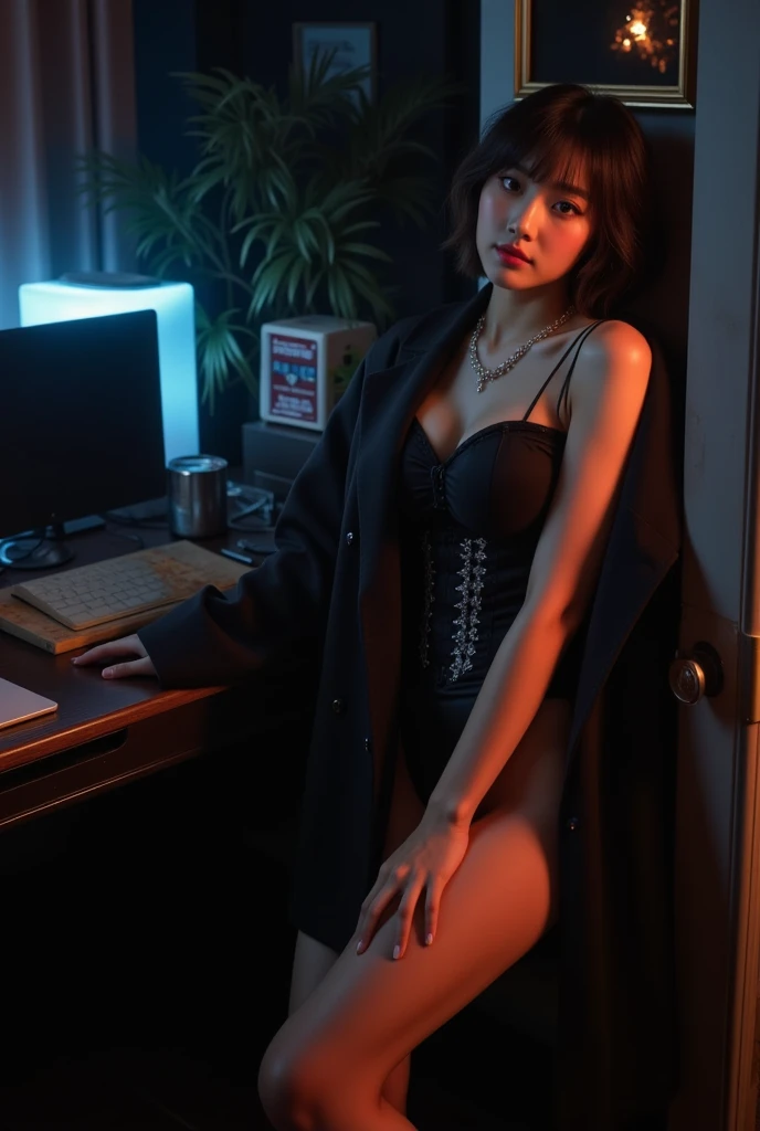 top-quality, Drawn details, (deep in the night:2), (natta), (Put your face in, above knee), ​masterpiece, 超A high resolution, (Realistic:1.4), Raw photo, (fair and clean skin), (Smaller head), (a small face, with round face), (Beautiful fece), (Beautiful expression), (big eye:1.3),(Looking at me with a smile:0.7), (Strong affection), cute little, (Brownish, Bery short hair, Soft hair quality:1.7), (1人の女性, 独奏), (firm breasts, Huge breasts:1.6), (A slender:1.7), (thin waist, Thin arms, Thin leg, thin neck, thin shoulders:1.6), (sloped shoulder), (Beige, off shoulders、knit), (a choker, A black) BREAK (hacker), (In front of the computer, Monitors, Programming), (Dark cloudy sky), (In the Dark、Only the surroundings of people are enveloped in soft light:1.5)