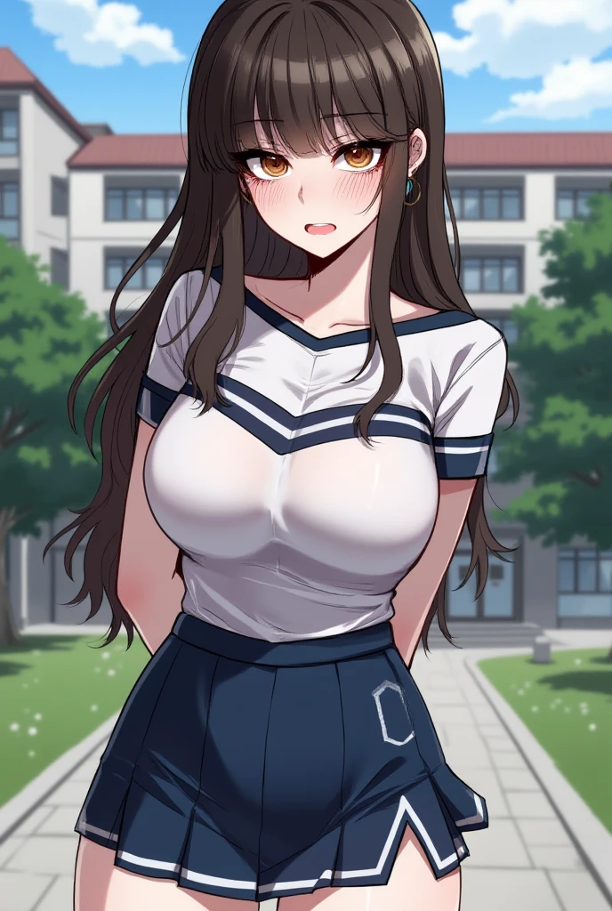 (((medium breasts))), ((best quality)), ((masterpiece)), ((detailed)), (((perfect face))), ((((slender  teengirl walking)))), (((((topless))))), (((dark blue pleated skirt from waist to thighs))), (((short ponytail))), (((blue eyes))), (((brown hair))), ((shy:1.3)), ((blushing:1.5)), ((skinny thighs)), ((skinny hips)), (((bare arms))), (((bare shoulders))), (((bare stomach))), ((((girl looking away)))), (((black car, city street, brick gate in background)))