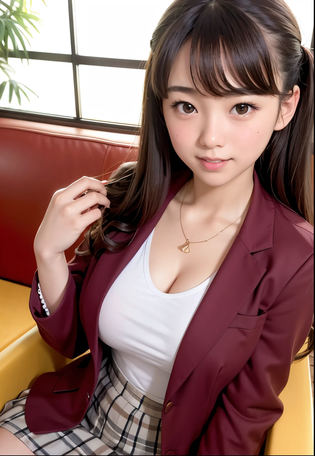 Photorealistic perfect body、Ultra HD、Ultra HD、(Baby Face:1.5)、(In the 1990s in Japan:1.3)、(Uniform Tops:1.3)、(Uniform skirt:1.3)、(Uniform Blazer:1.3)、Very small breasts、slender(Cleavage:1.2)、Small waist、(Parted bangs)、ponytail(Blonde Hair:1.2)、(Good lighting)、(Blurred Background)、(Grin)、(glossy rose gold lip)、Gal-style makeup、Gal-style earrings、Gal style bracelet、(Gal-style necklace、Double Necklace:1.3)、Drawing from the knees