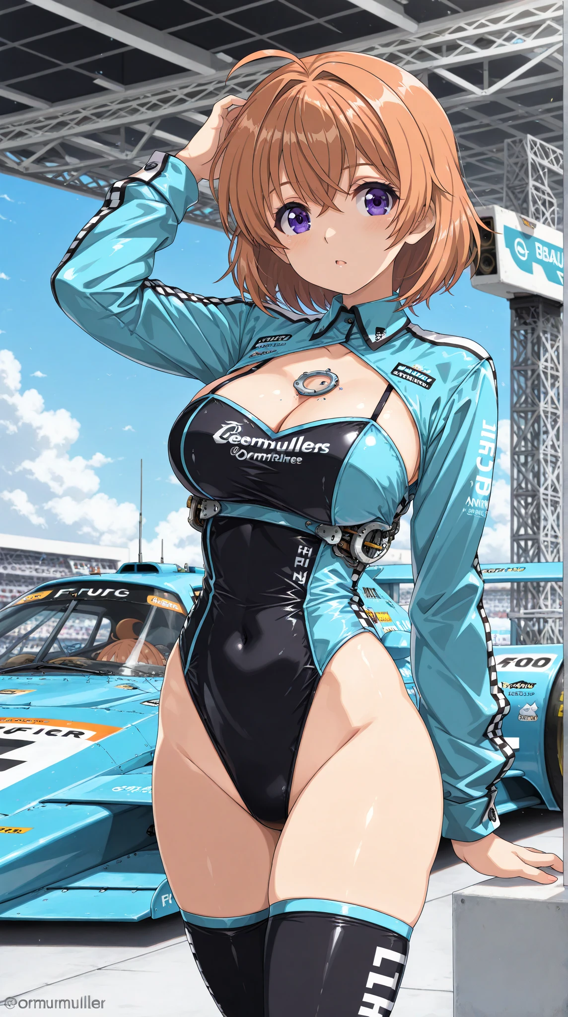 (masterpiece:1.2, highest quality), (Realistic, photoRealistic:1.4), Beautiful illustrations, (Natural Side Lighting, Cinema Lighting), avert your eyes, (Cowboy Shot), 2 girls, Grid Girls, 30 years old, (((Mature Woman))), (Beautiful anime faces), Japanese, Perfect Face, Perfect Anatomy, Symmetrical cute face, Shiny skin, Blunt bangs, (Intense glowing purple eyes:1.3), Beautiful Hair, Beautiful Face, Beautiful clavicle, Beautiful body, Beautiful breasts, Beautiful thighs, Beautiful feet, Beautiful fingers, (Perfect Face, Perfect Anatomy), (Two legs, Five Fingers), ((Grid Girls, Racing Suits, Race Queen Costume:1.3. White and pink high leg leotard with sponsor logo:1.3, Shiny arm covers:1.3, Shiny knee-high boots:1.3)), (Beautiful views), Written boundary depth,((Tall Woman), (Slim figure), (small breasts directed upwards)), (Randomly changing obscene poses:1.3), ((A tiny remote vibrator is attached to the pussy), (Holding the smart key in the right hand)), (Golden hair ornament), (Pale pink hair),